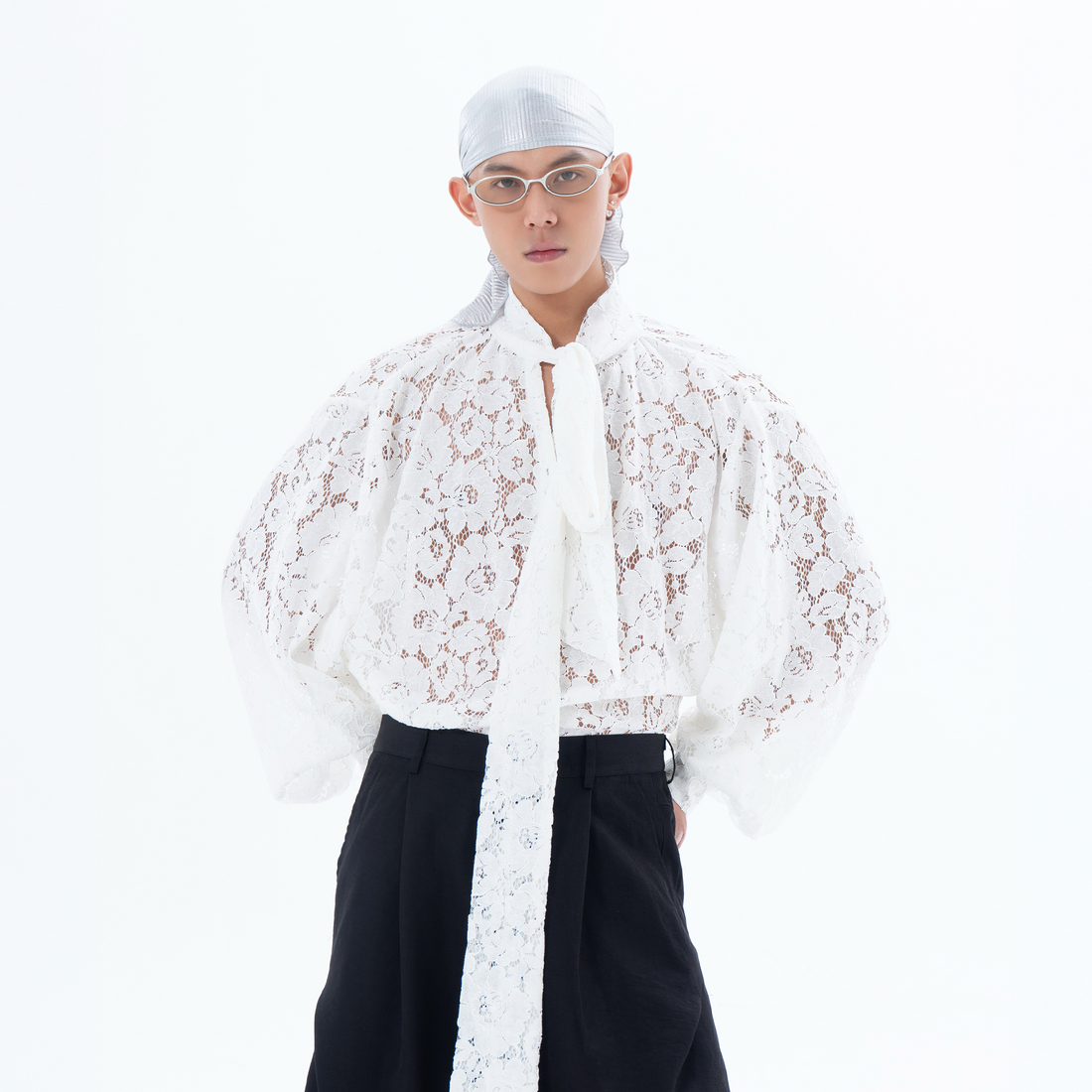 CLP Floral Lace Tie-Neck Shirt-Shirt-S-White (Preorder)-Free Shipping Leatheretro