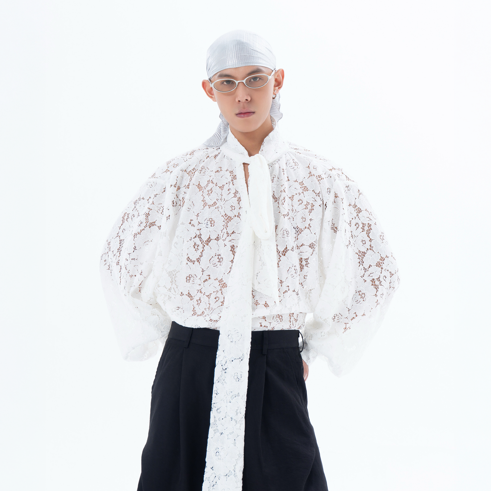 CLP Floral Lace Tie-Neck Shirt-Shirt-S-White (Preorder)-Free Shipping Leatheretro