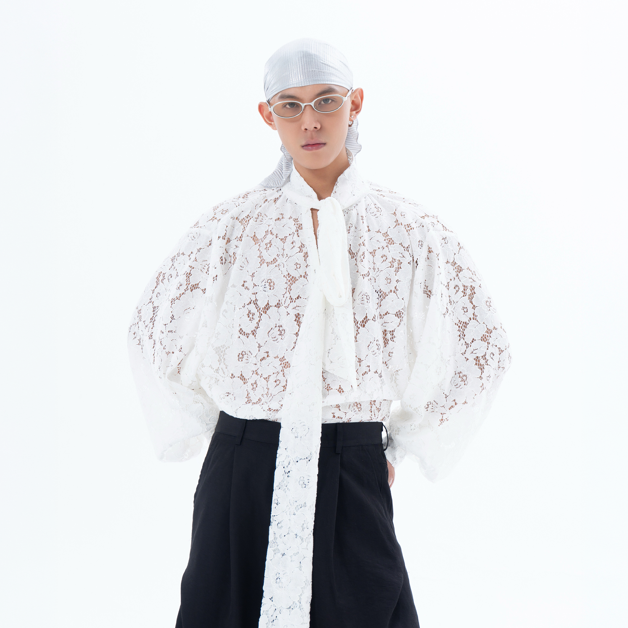 CLP Floral Lace Tie-Neck Shirt-Shirt-S-White (Preorder)-Free Shipping Leatheretro