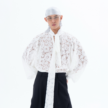 CLP Floral Lace Tie-Neck Shirt-Shirt-S-White (Preorder)-Free Shipping Leatheretro