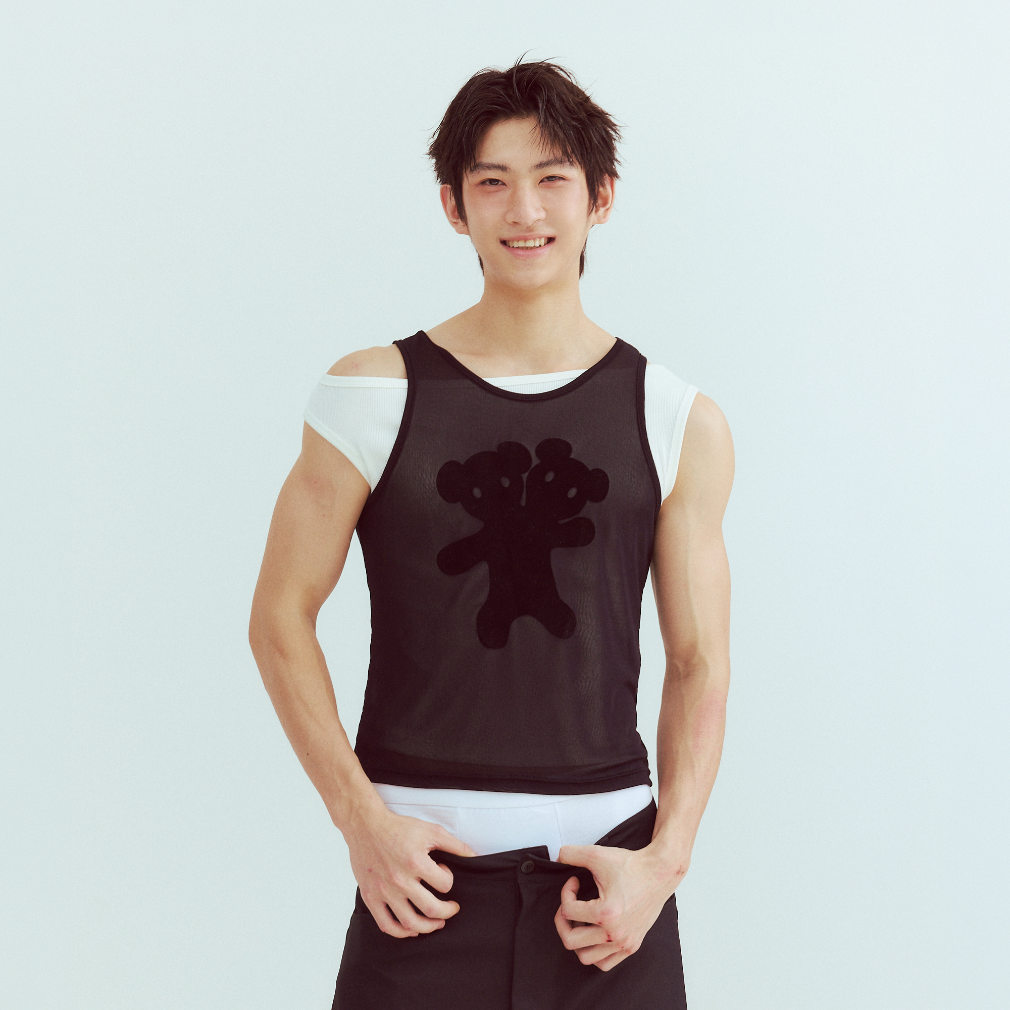 KADAKADA Flocked Bear Mesh One-Shoulder Ribbed Tank Set-Tank Top-S (Preorder)-Free Shipping Leatheretro