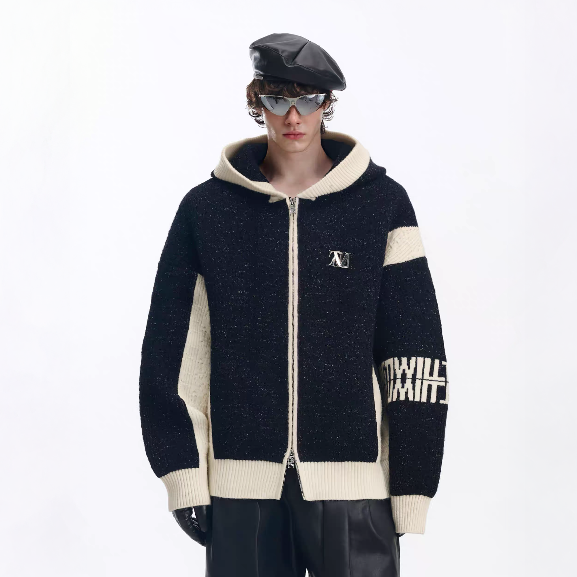 TIWILLTANG Contrast Trim Dual-Zip LOGO Chunky Knit Jacket