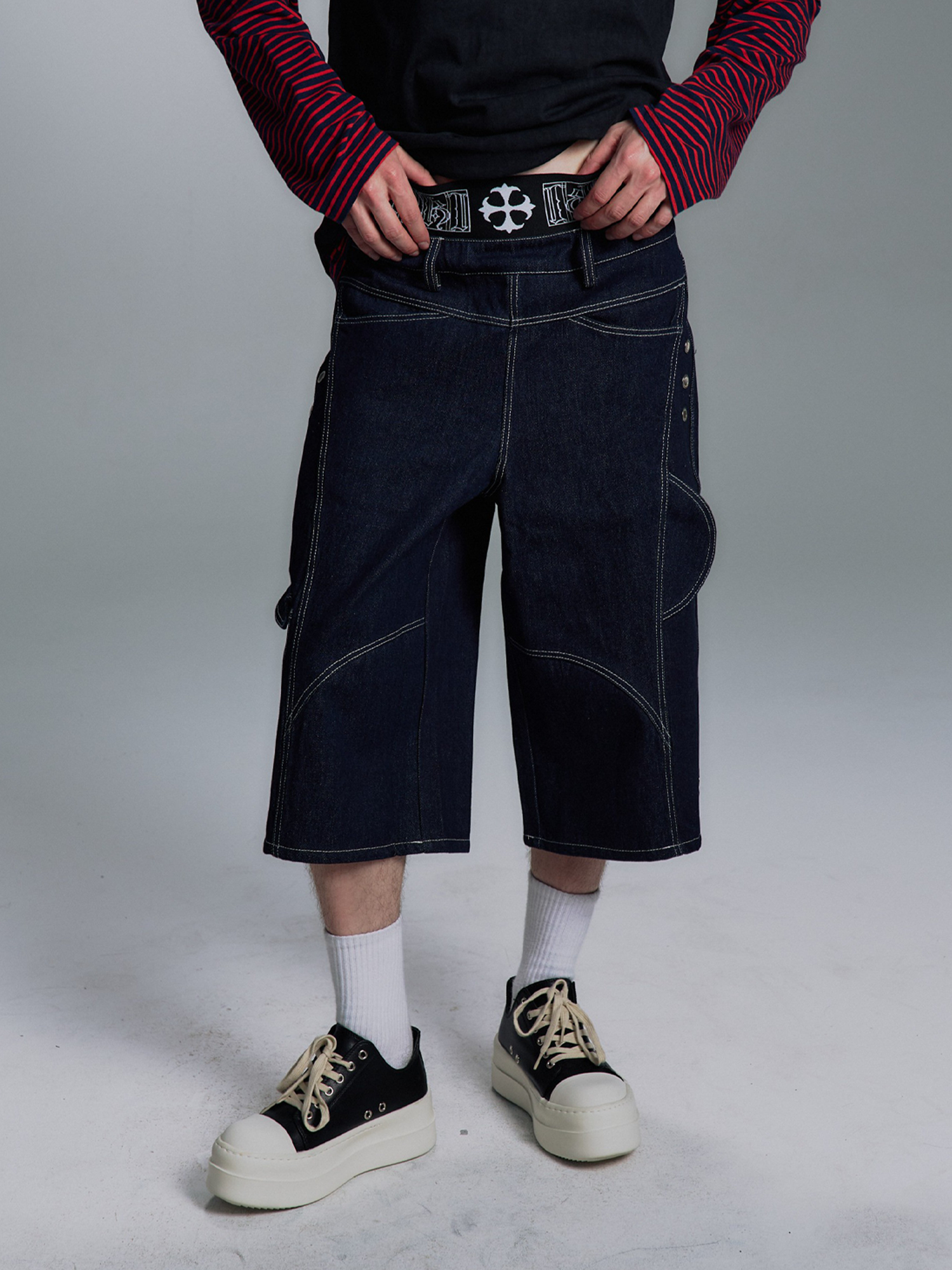 PAIKI Retro Double-Waist Contrast Stitch Cargo Shorts-Shorts-S / 29"-Black-Free Shipping Leatheretro