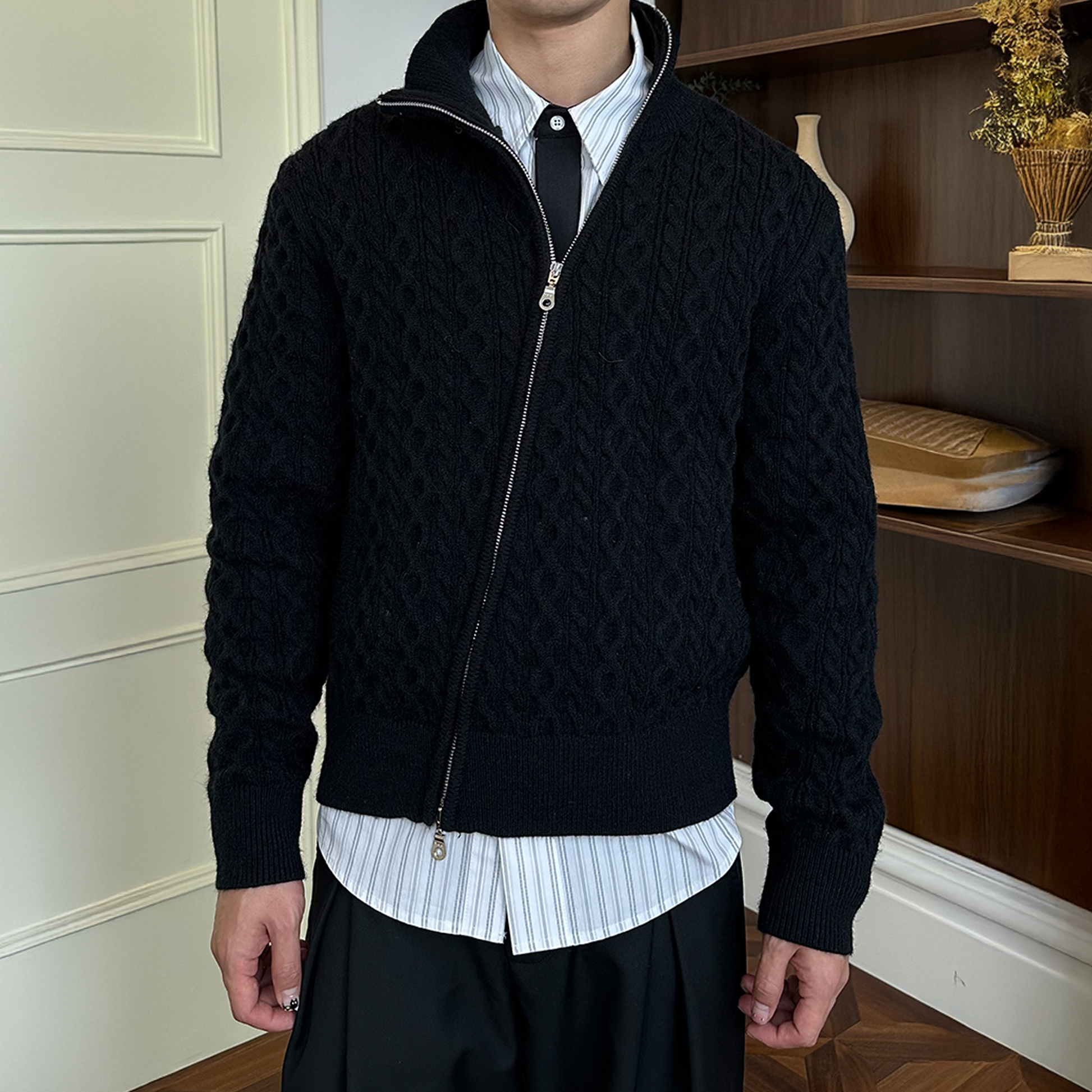 KREATE Asymmetrical Zip Cable-Knit Sweater-Jacket-S-Black-Free Shipping Leatheretro