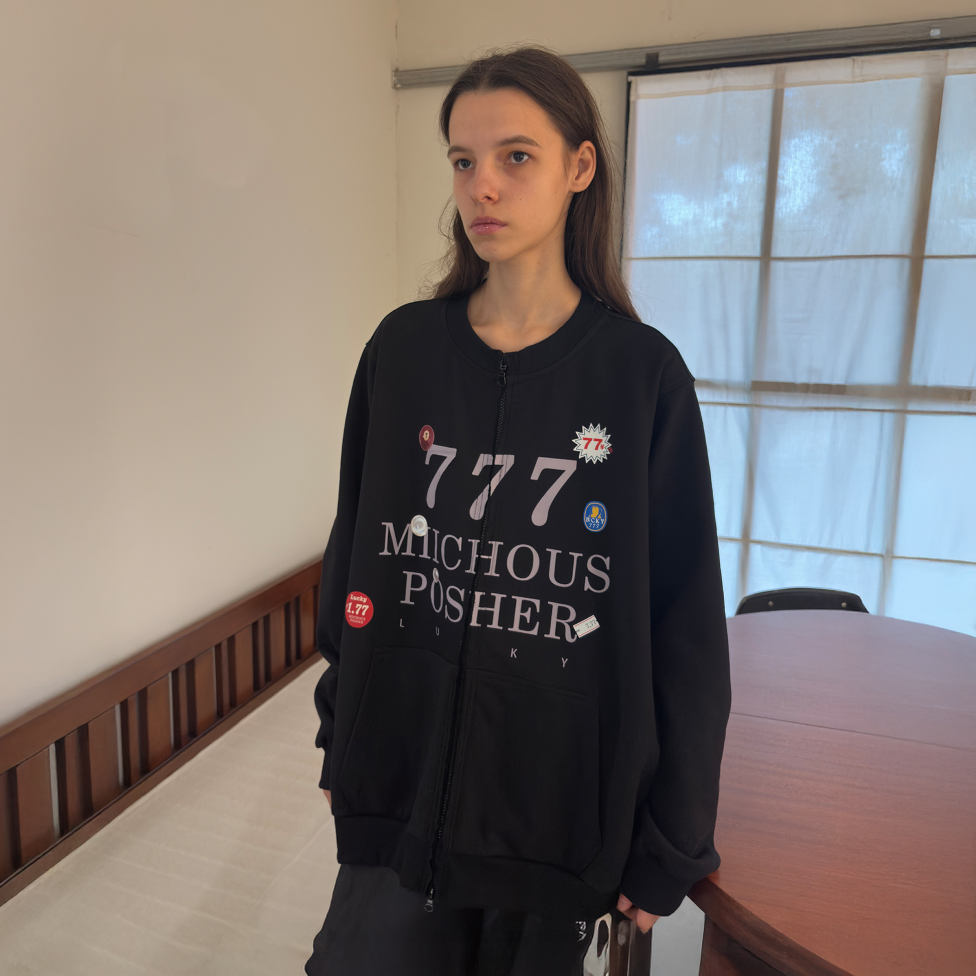 MIICHOUS Lucky 777 Graphic Zip Sweatshirt-Jacket-S-White-Free Shipping Leatheretro