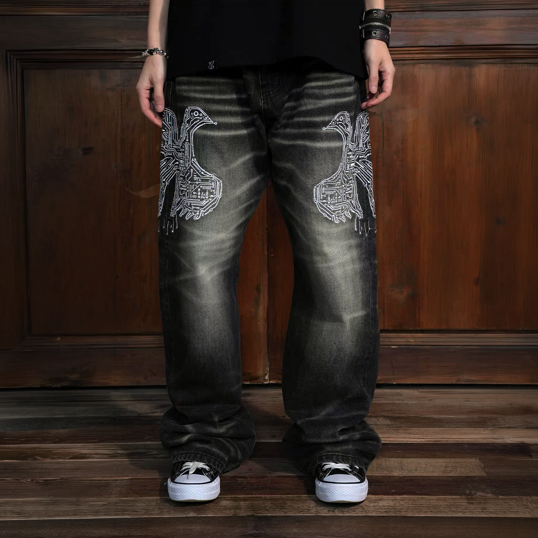 VINKID Faded Pigeon Embroidered Jeans-Jeans-S / 31"-Free Shipping Leatheretro
