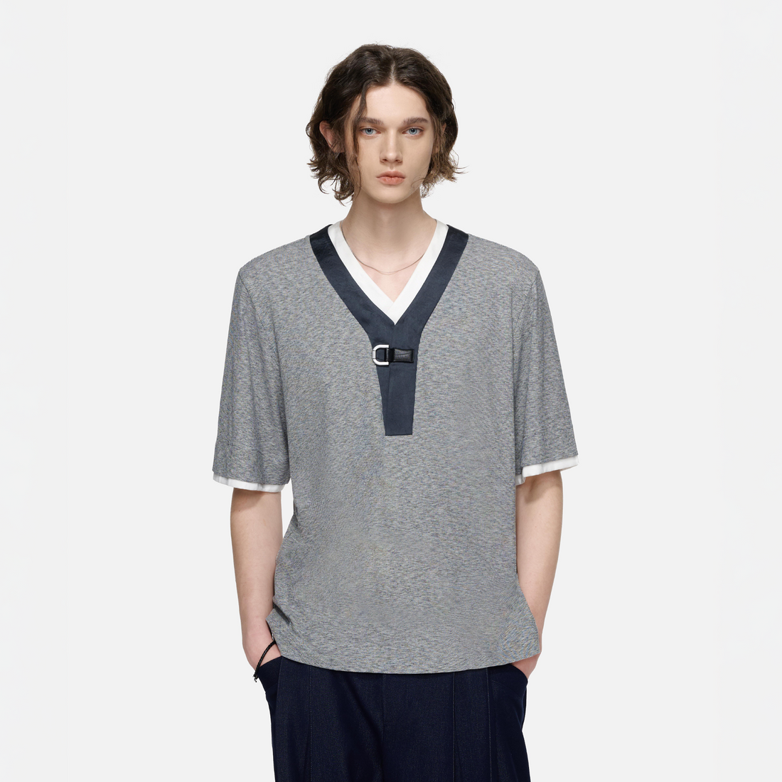TIWILLTANG Metal Buckle Contrast Trim T-Shirt-T Shirt-S-Free Shipping Leatheretro