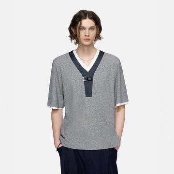 TIWILLTANG Metal Buckle Contrast Trim T-Shirt-T Shirt-S-Free Shipping Leatheretro