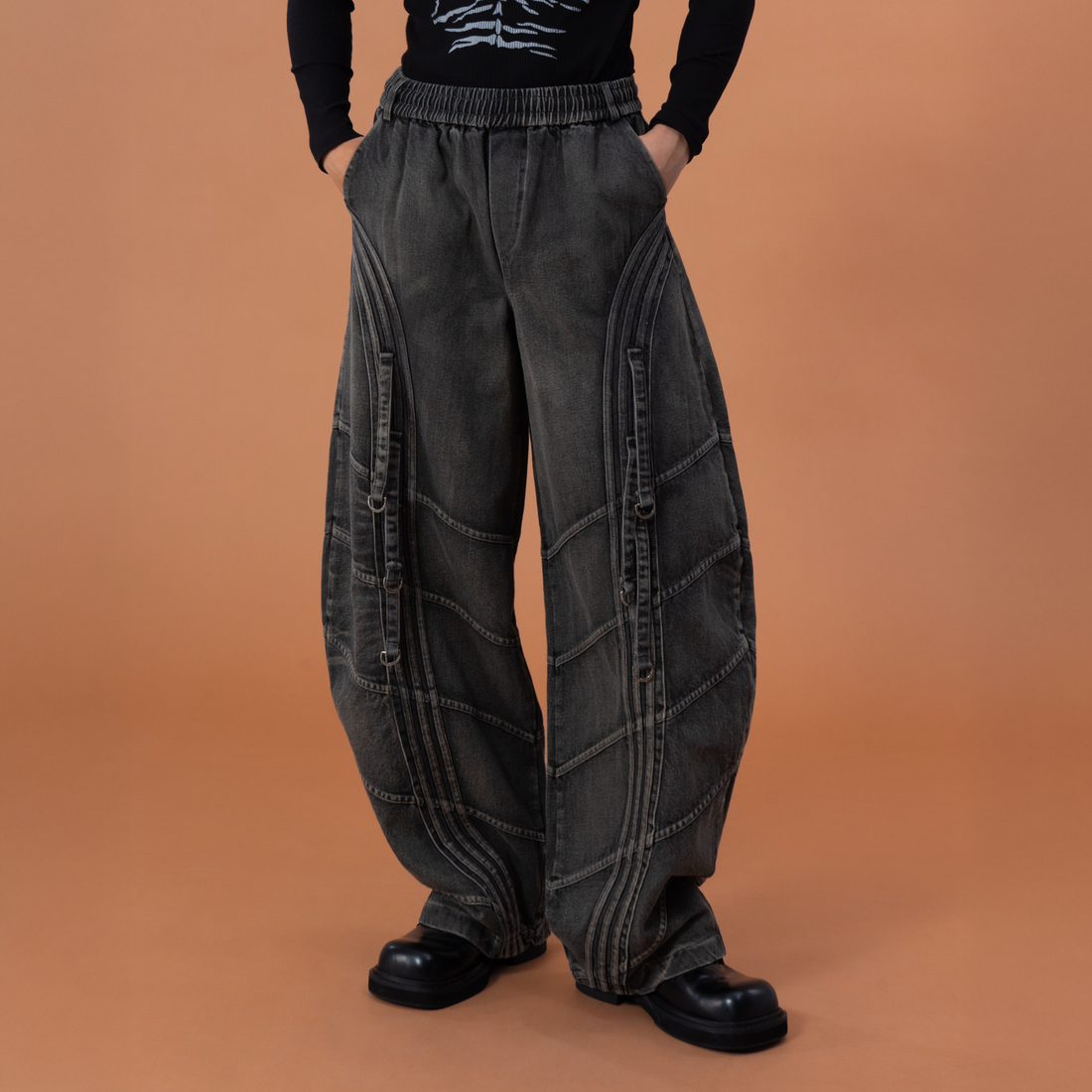 CLP Washed Arc Panel Strap Wide-Leg Jeans-Jeans-S-Free Shipping Leatheretro