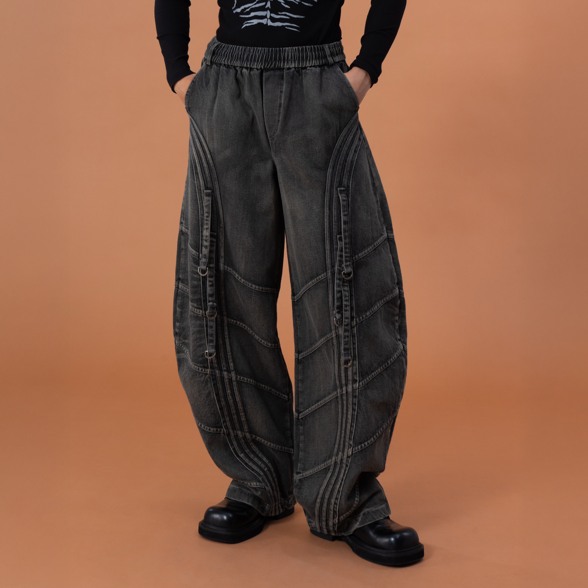 CLP Washed Arc Panel Strap Wide-Leg Jeans-Jeans-S-Free Shipping Leatheretro