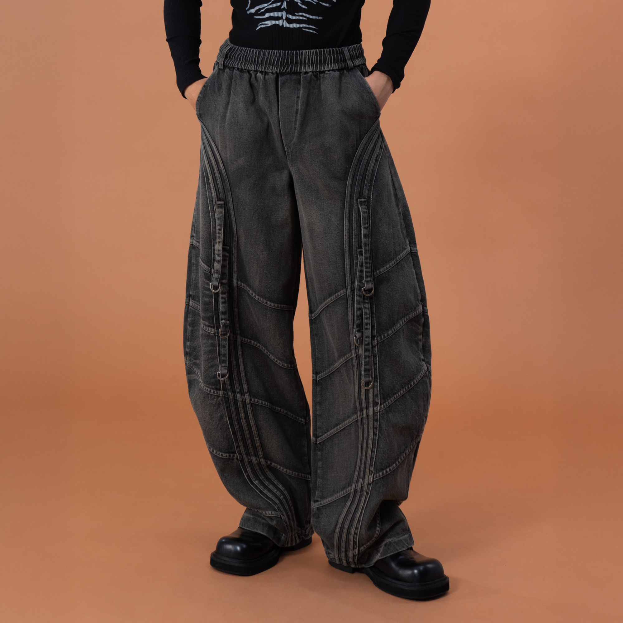 CLP Washed Arc Panel Strap Wide-Leg Jeans-Jeans-S-Free Shipping Leatheretro