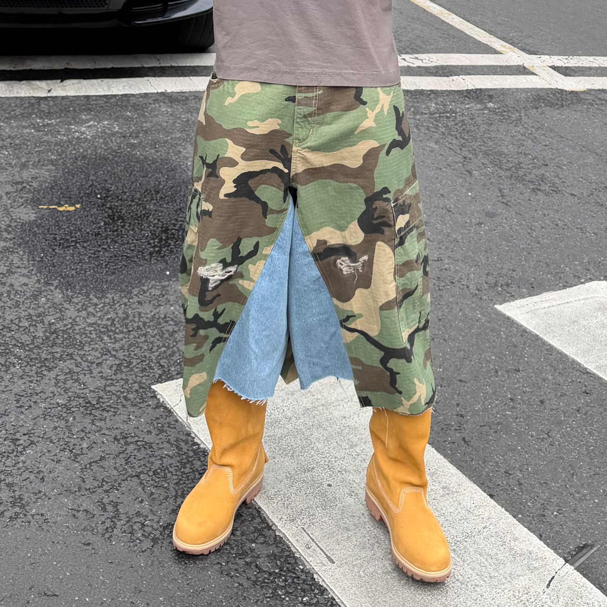 STEEPC Camo Distressed Denim Paneled Cargo Shorts-Shorts-S / 28"-Free Shipping Leatheretro