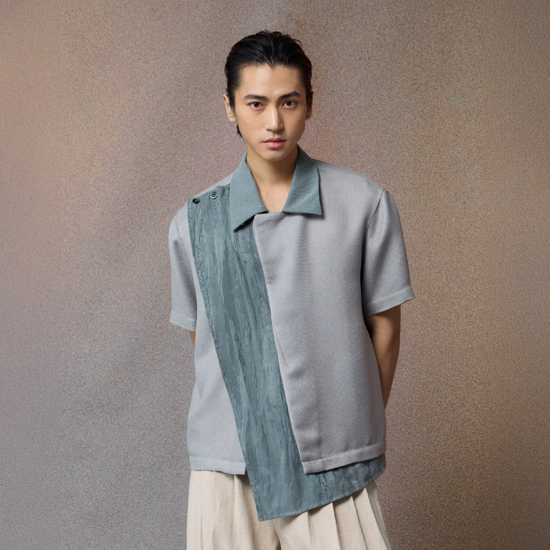 ALVNG AR ANTS Asymmetrical Contrast Spliced Linen Half Shirt-Half shirt-S-Blue-Free Shipping Leatheretro