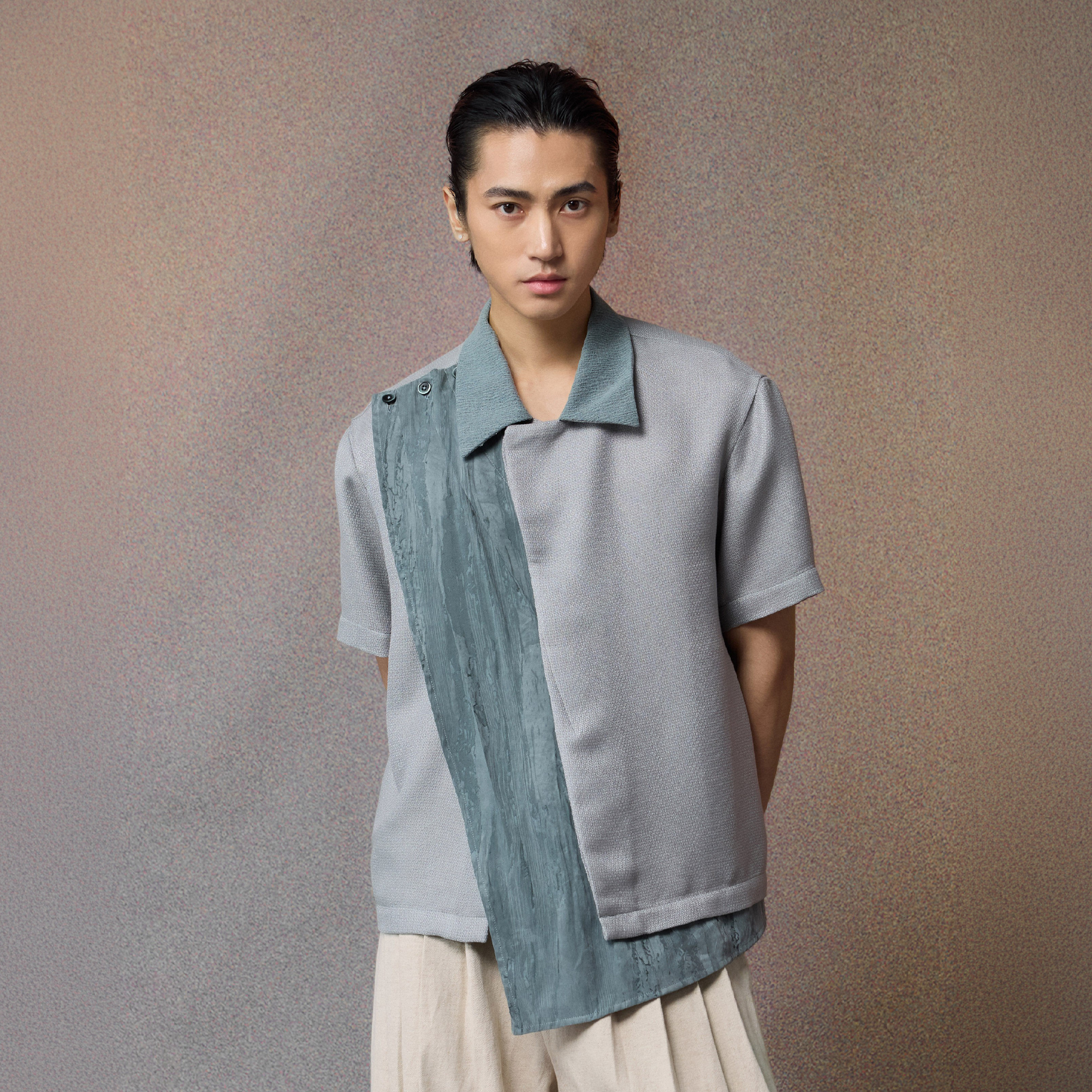 ALVNG AR ANTS Asymmetrical Contrast Spliced Linen Half Shirt-Half shirt-S-Blue-Free Shipping Leatheretro