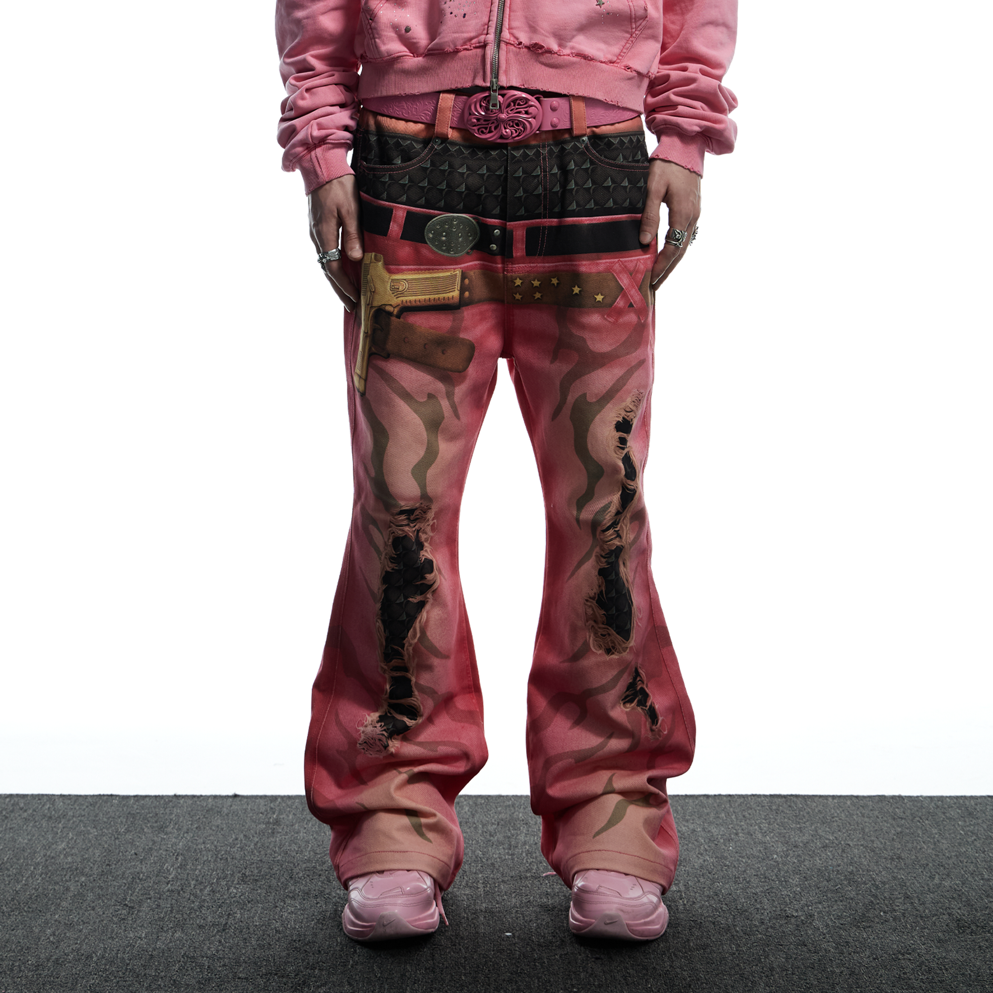 DND4DES Distressed Print Double-Waist Flare Jeans Pink-Jeans-XS-Free Shipping Leatheretro