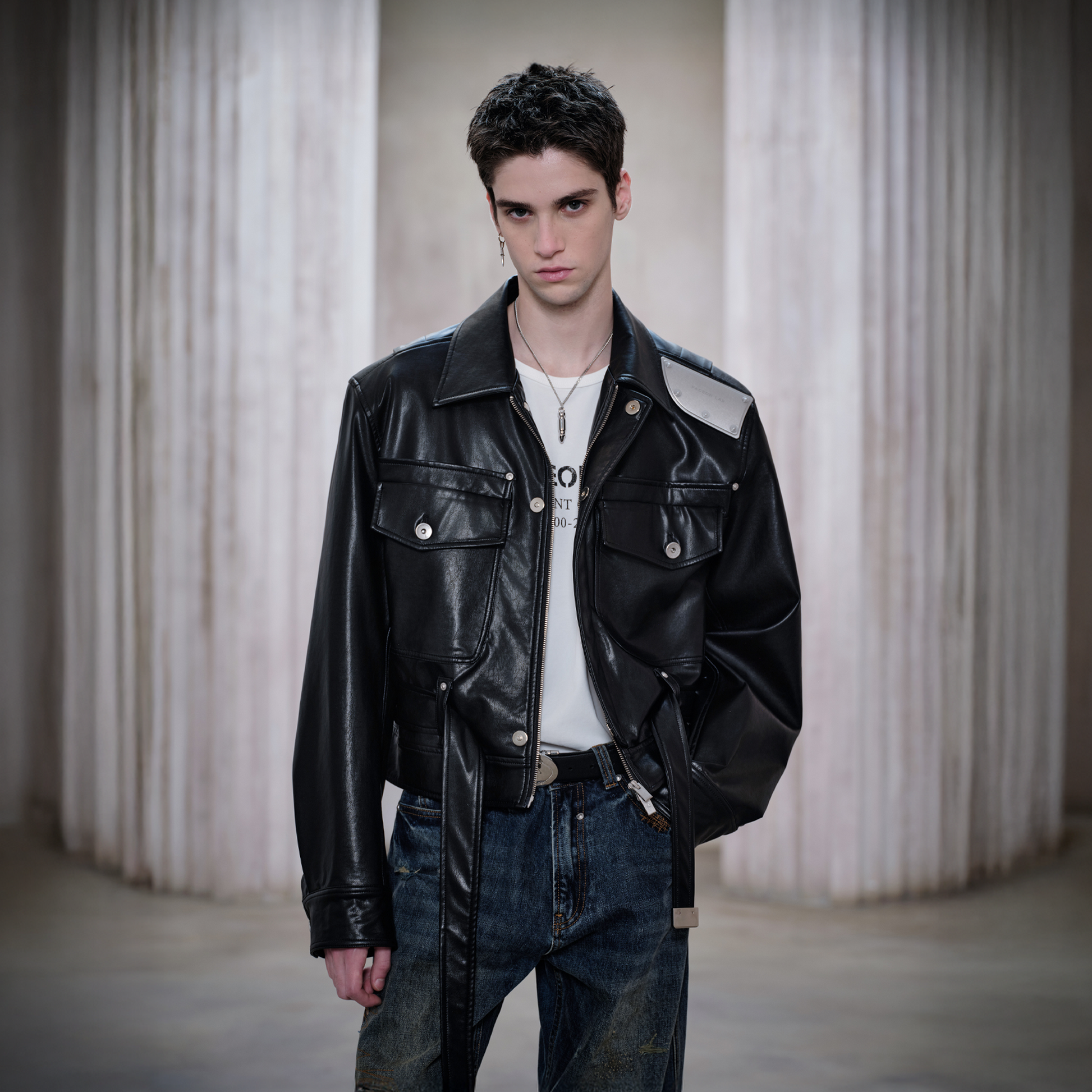 FACEONLAB Metal Epaulettes Belted Faux Leather Jacket Black-Jacket-M (Preorder)-Free Shipping Leatheretro