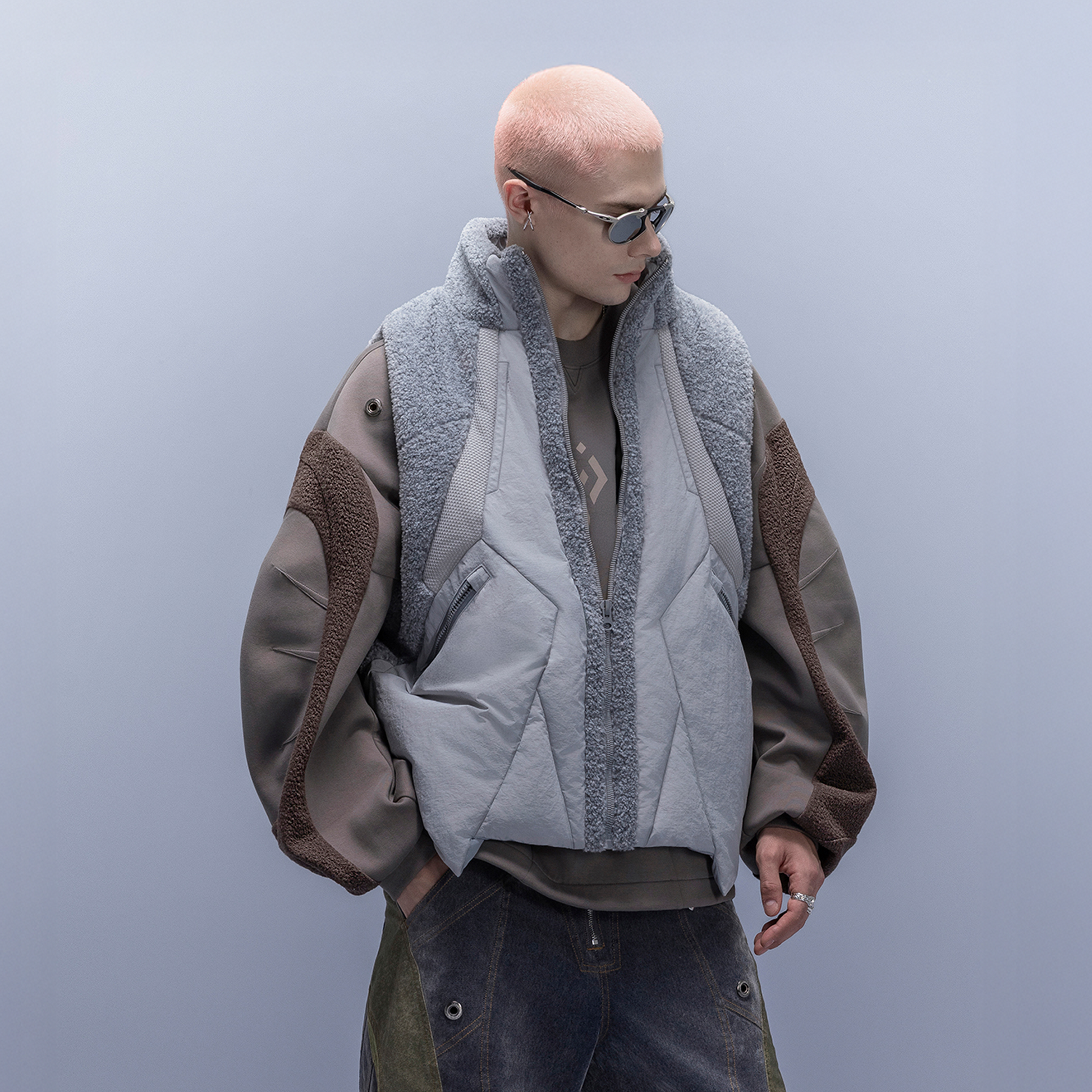 XIPHEVIL High-Neck Fleece-Panel Vest Dark Gray-Vest-XS-Free Shipping Leatheretro