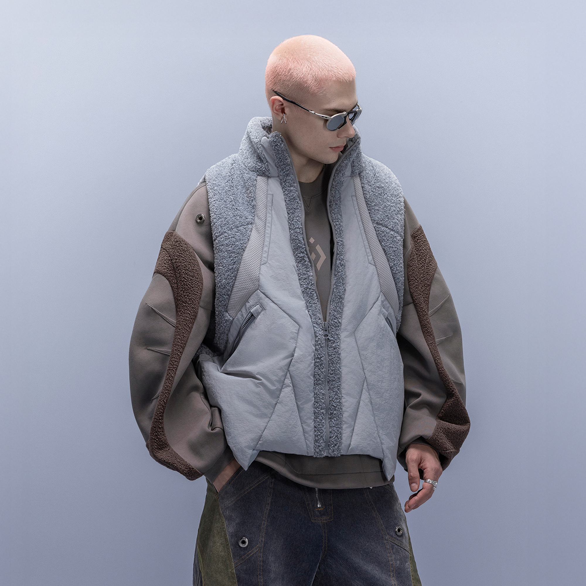 XIPHEVIL High-Neck Fleece-Panel Vest Dark Gray-Vest-XS-Free Shipping Leatheretro