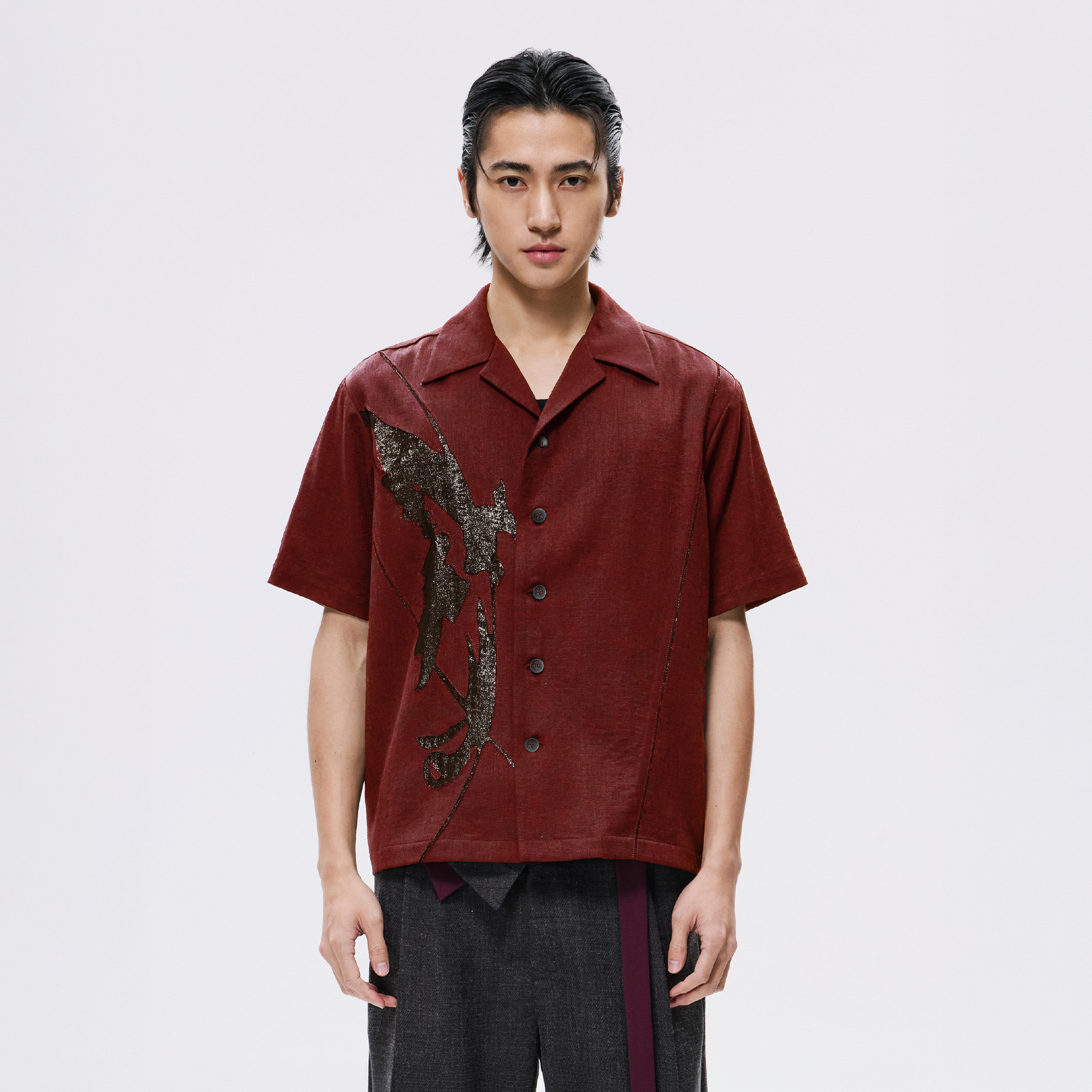 ALVNG AR ANTS Phoenix Mesh Paneled Linen-Blend Shirt-Half shirt-S-Red-Free Shipping Leatheretro