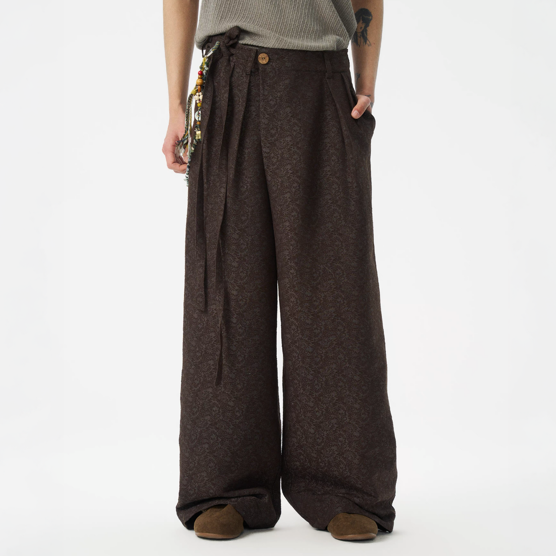 GONGHE REPUB Damask Jacquard Wrap-Tie Pants-Pants-S-Free Shipping Leatheretro