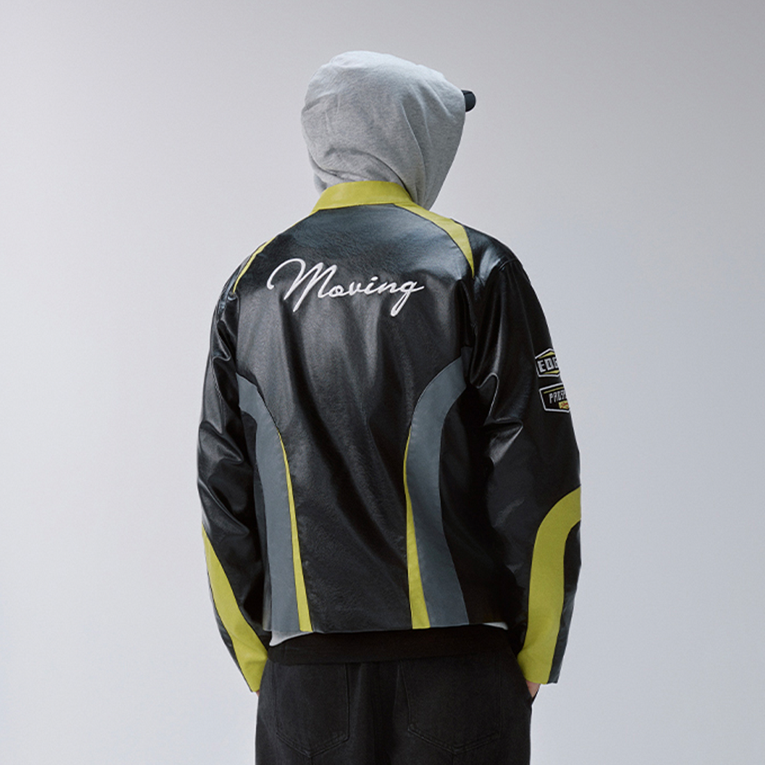 F2CE Contrast Panel Embroidered Moto Jacket-Jacket-S-Free Shipping Leatheretro