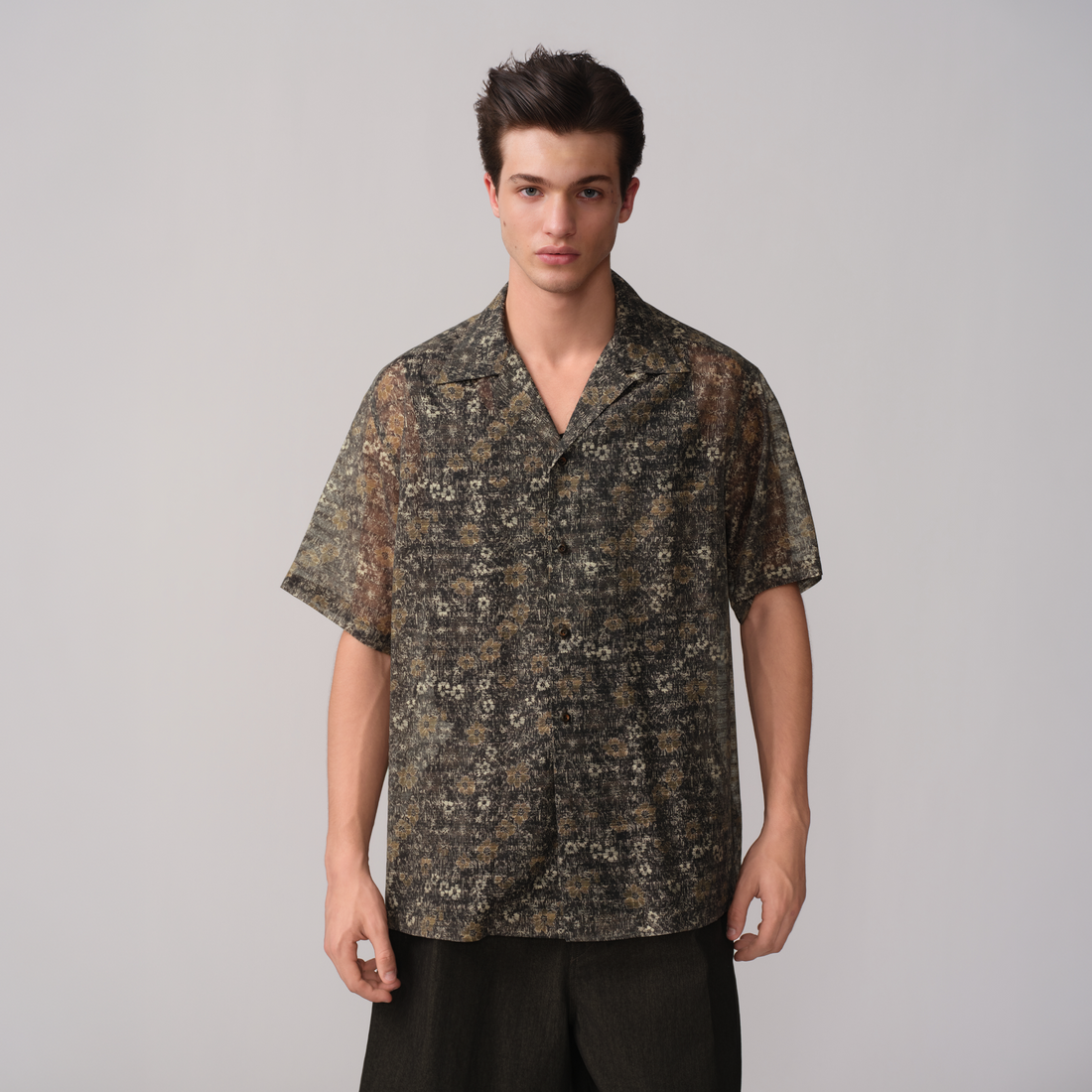 OPICLOTH Shadow Floral Cuban Collar Half Shirt-Half shirt-XS-Free Shipping Leatheretro