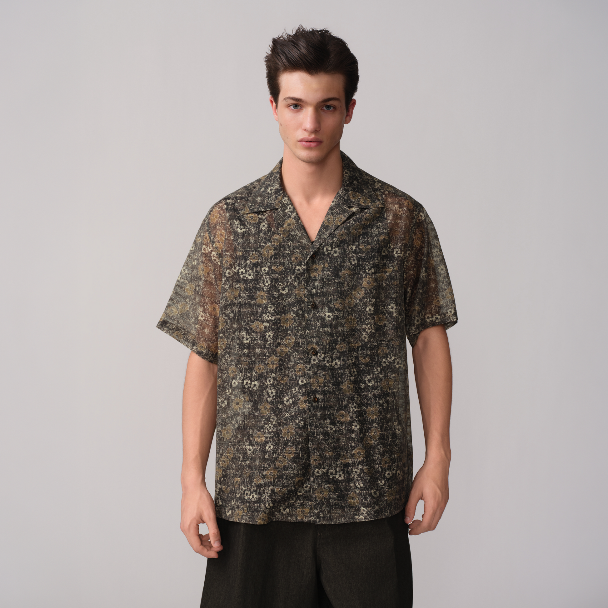 OPICLOTH Shadow Floral Cuban Collar Half Shirt-Half shirt-XS-Free Shipping Leatheretro
