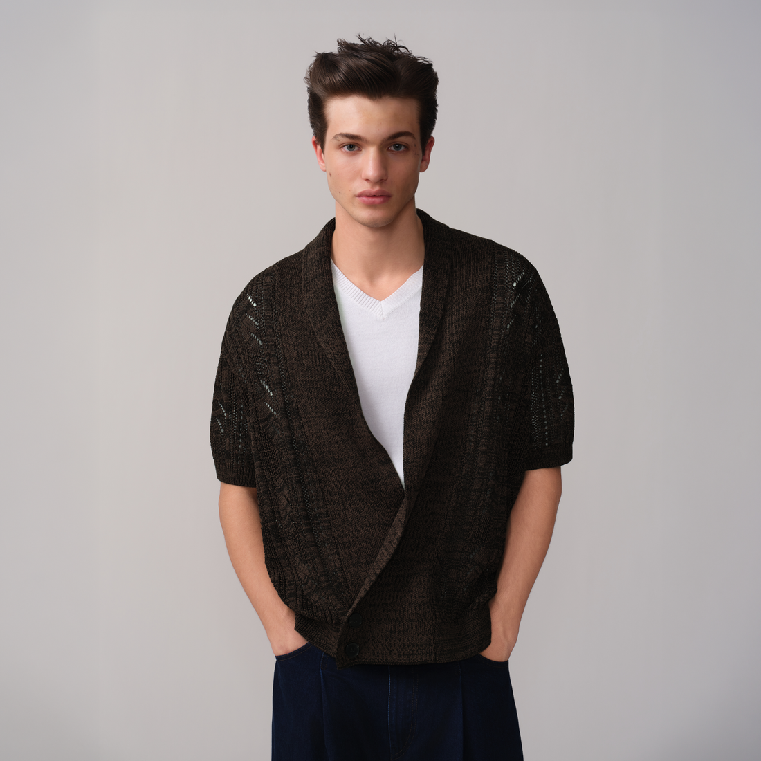 OPICLOTH Retro Shawl Collar Open-Knit Short-Sleeve Cardigan-Sweater-XS-Free Shipping Leatheretro