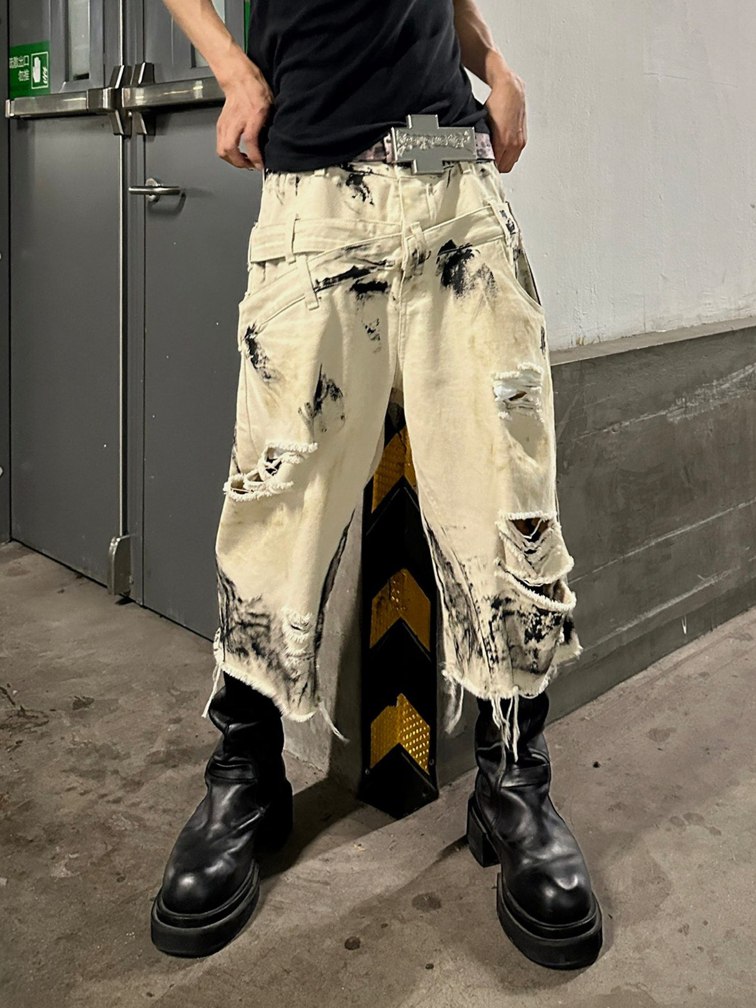 TH4SWE Painted Waxed Panel Raw-Edge Shorts-Shorts-S-Free Shipping Leatheretro