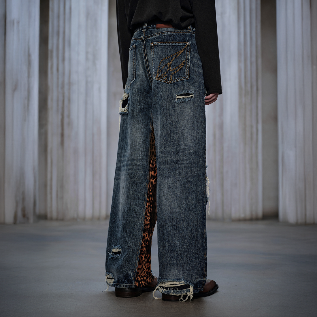 FACEONLAB Distressed Patch Leopard Paneled Jeans-Jeans-M-Free Shipping Leatheretro