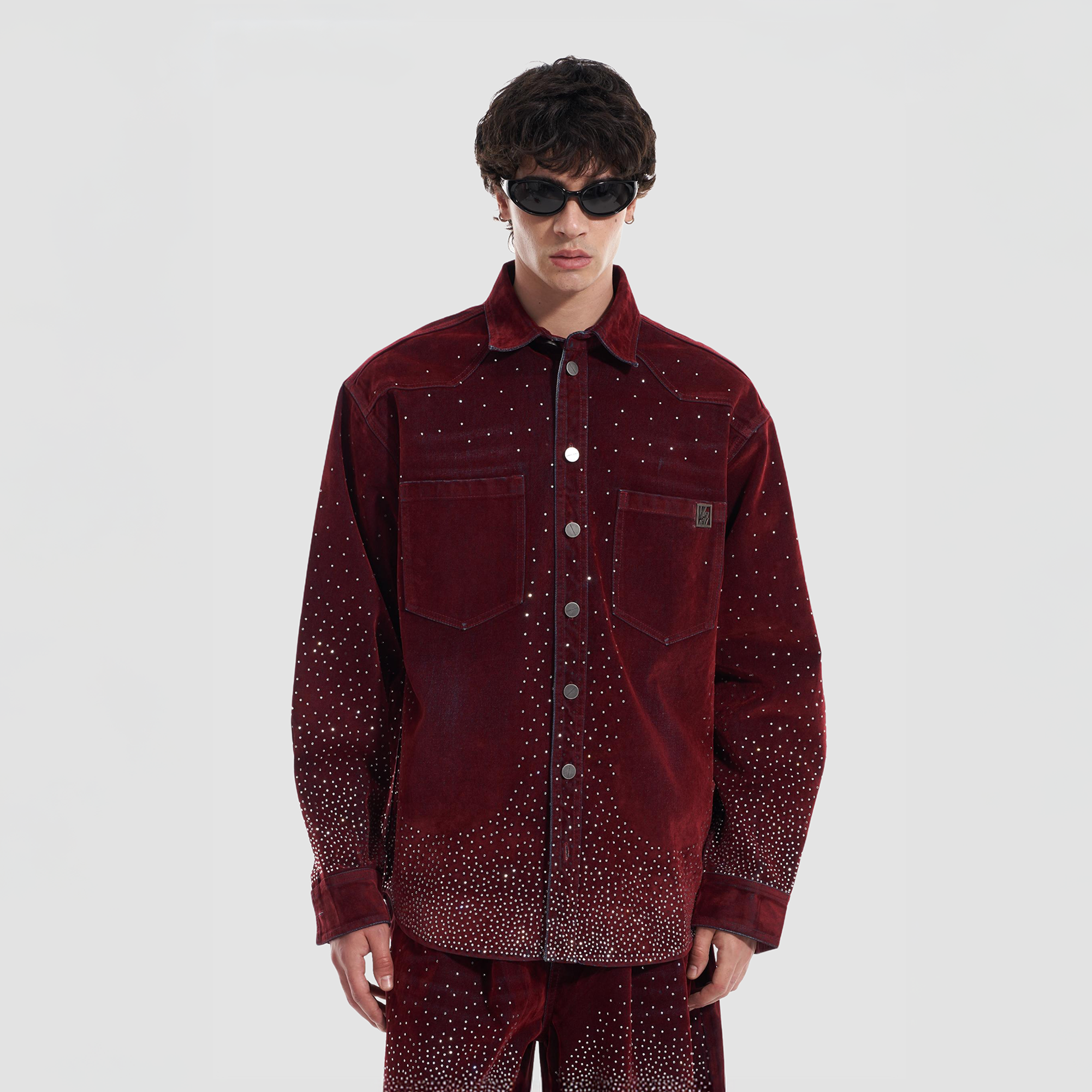 VANN VALRENCE Diamond-Studded Velvet Shirt Jacket-Jacket-S-Free Shipping Leatheretro