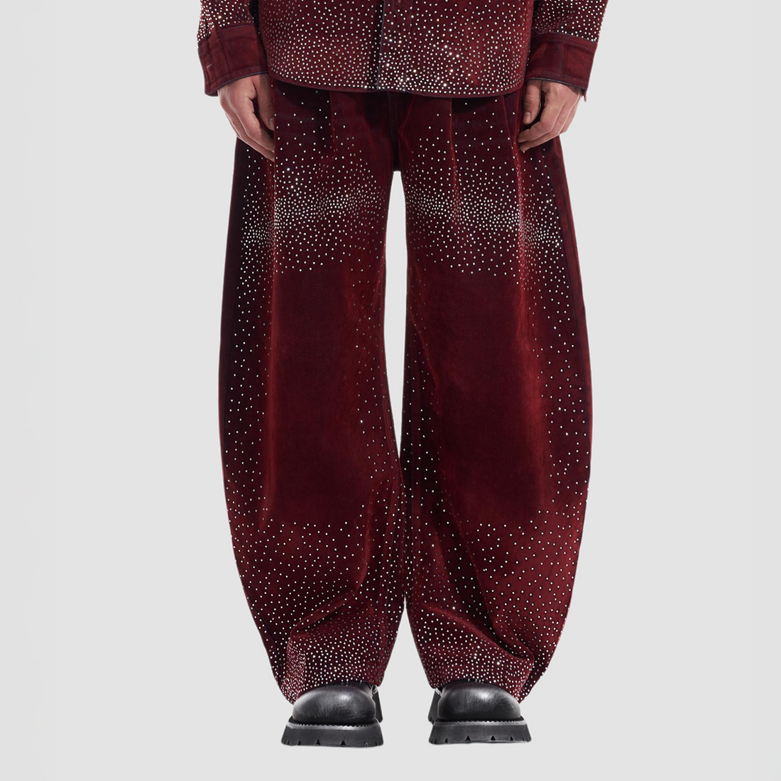 VANN VALRENCE Diamond-Studded Velvet Barrel Leg Trousers-Pants-S-Free Shipping Leatheretro