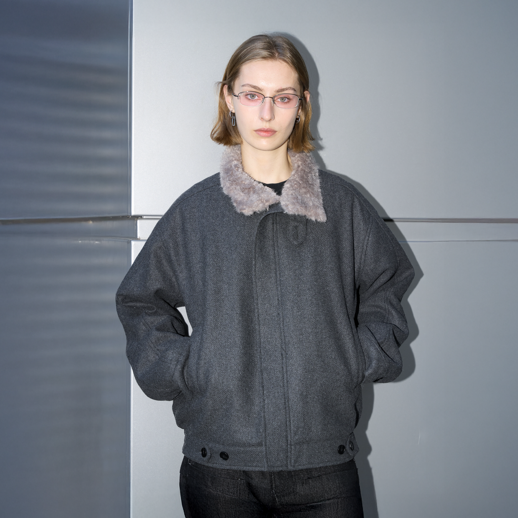 LABELROOM Modern Faux-Fur Collar Wool Jacket Gray