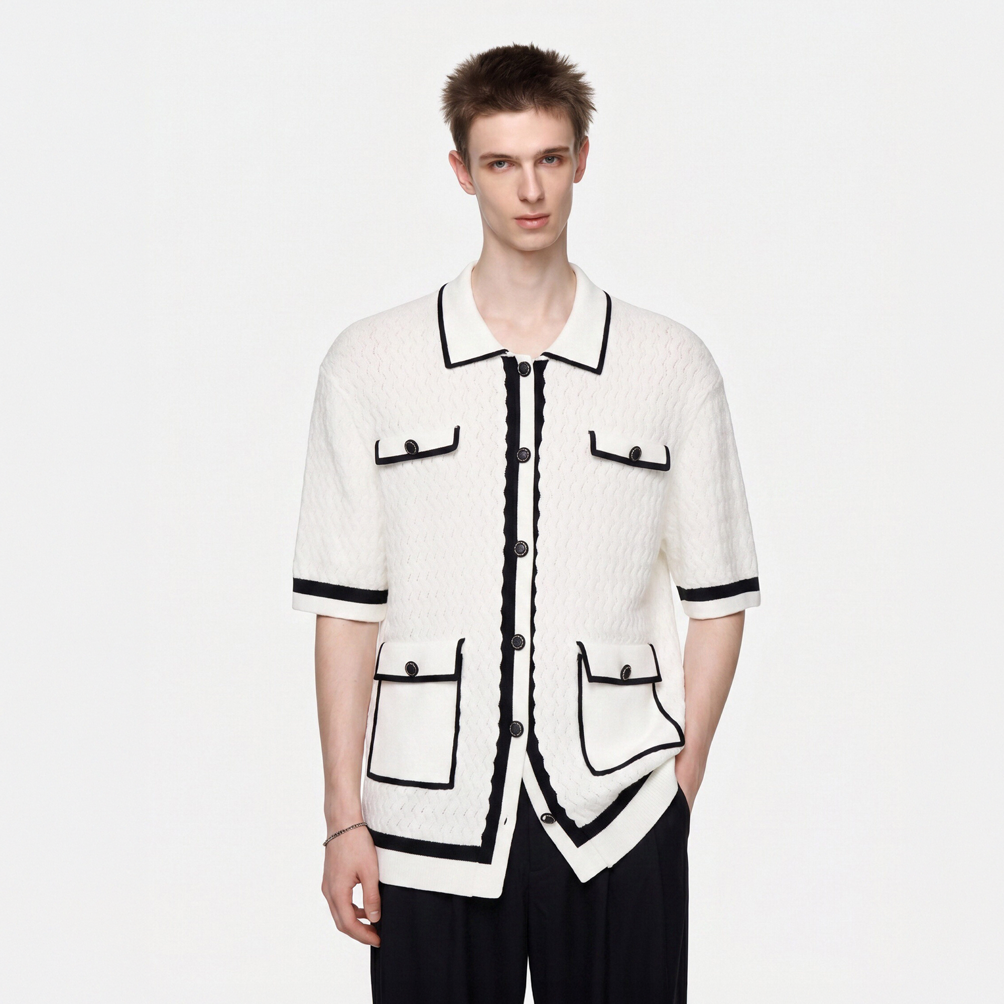 TIWILLTANG Contrast Trim Knitted Half Shirt-Half shirt-S-White-Free Shipping Leatheretro