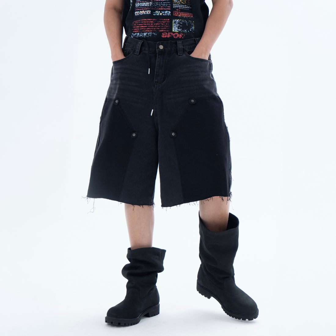 CLP Retro Washed Raw Edge Paneled Shorts-Shorts-M / 34"-Free Shipping Leatheretro