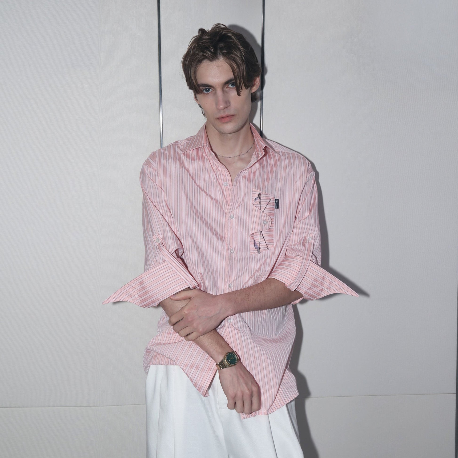 ASSEEN Striped Glasses Pocket Half Shirt Pink-Half shirt-S-Free Shipping Leatheretro