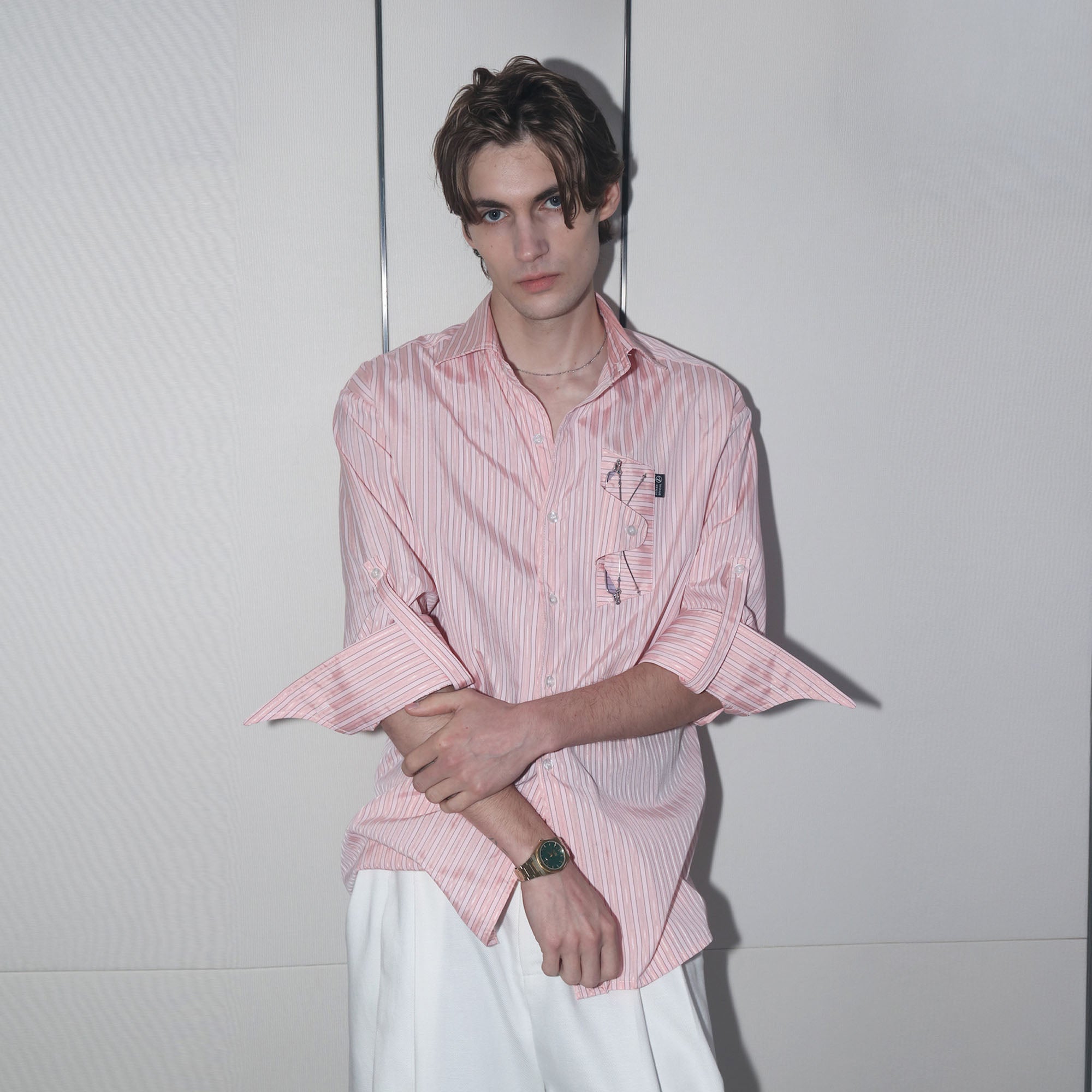 ASSEEN Striped Glasses Pocket Half Shirt Pink-Half shirt-S-Free Shipping Leatheretro