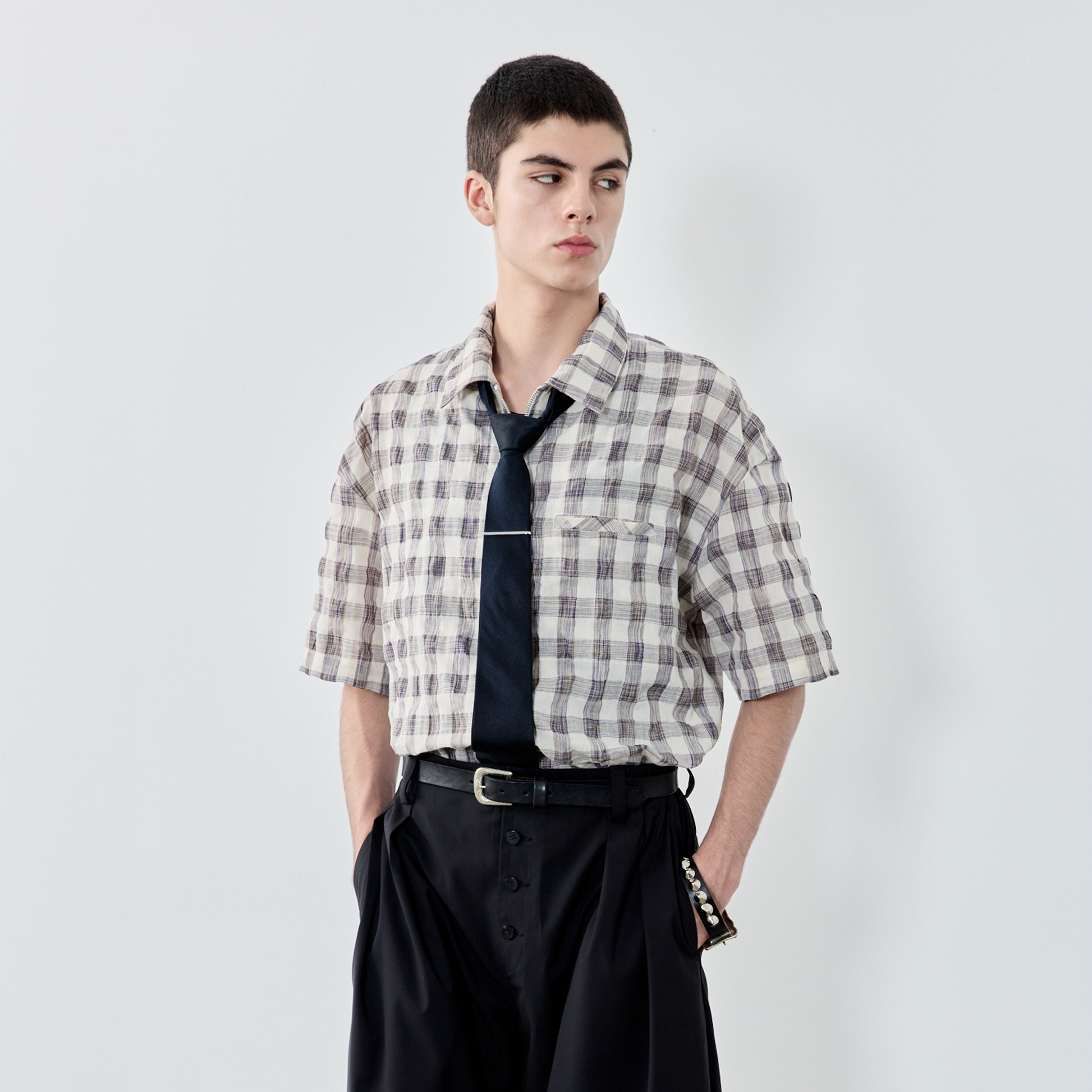 GRAINMUSTARD Retro Plaid Zip Half Shirt-Half shirt-XS-Free Shipping Leatheretro