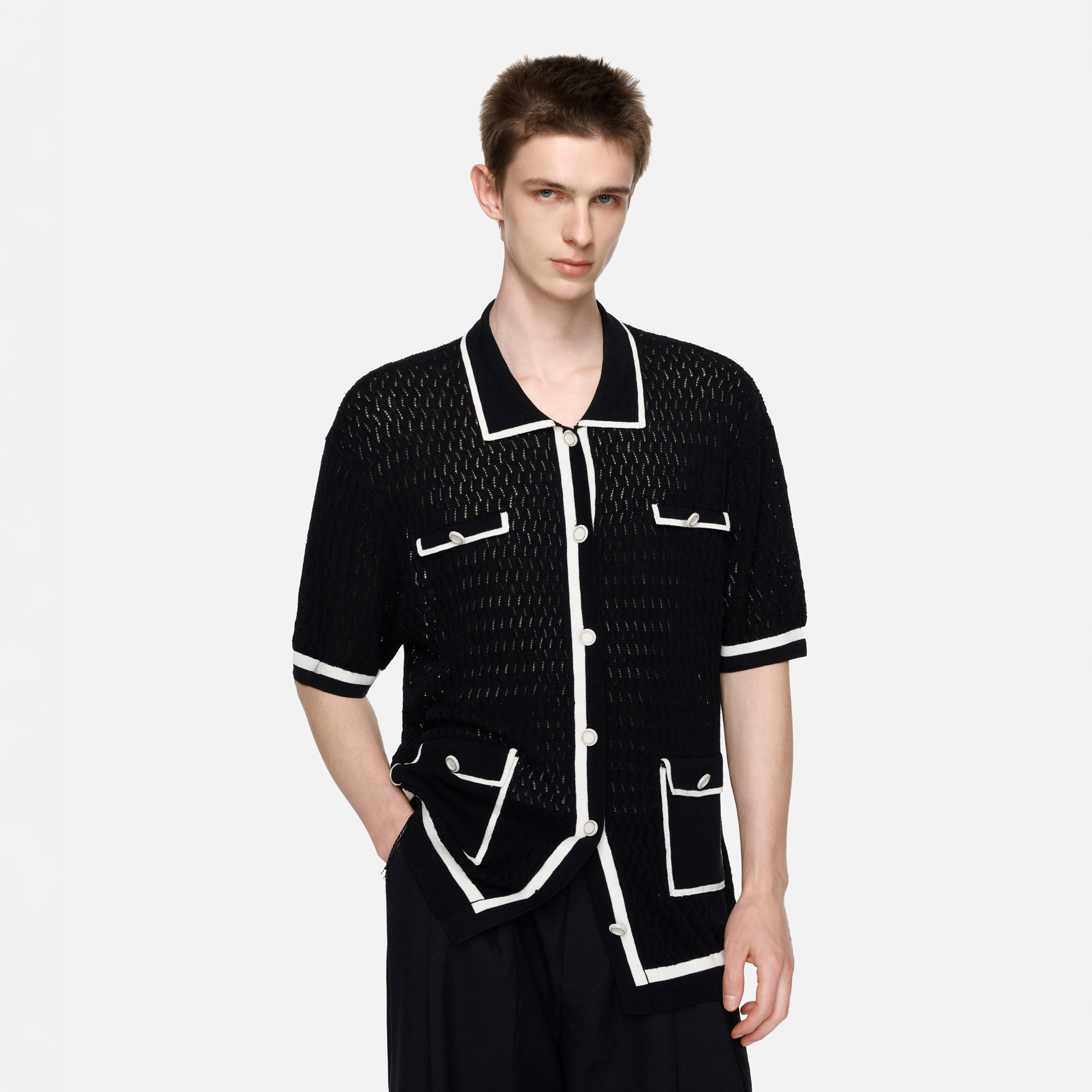 TIWILLTANG Contrast Trim Knitted Half Shirt-Half shirt-S-Black-Free Shipping Leatheretro
