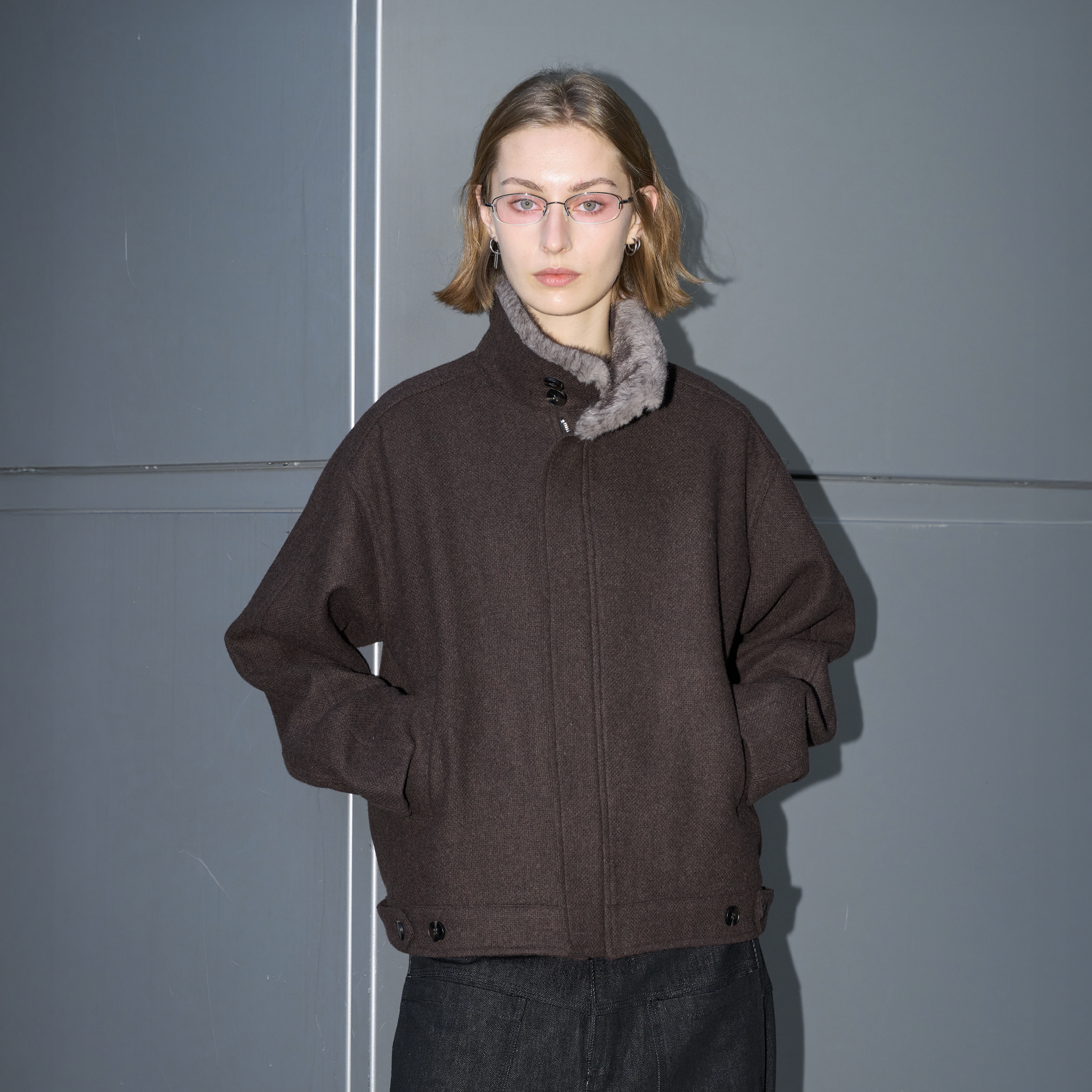 LABELROOM Modern Faux-Fur Collar Wool Jacket Brown