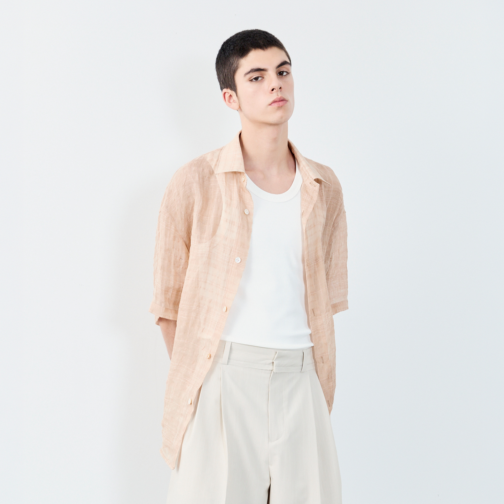 GRAINMUSTARD Linen-Cotton Plaid Half Shirt-Half shirt-XS-Apricot-Free Shipping Leatheretro