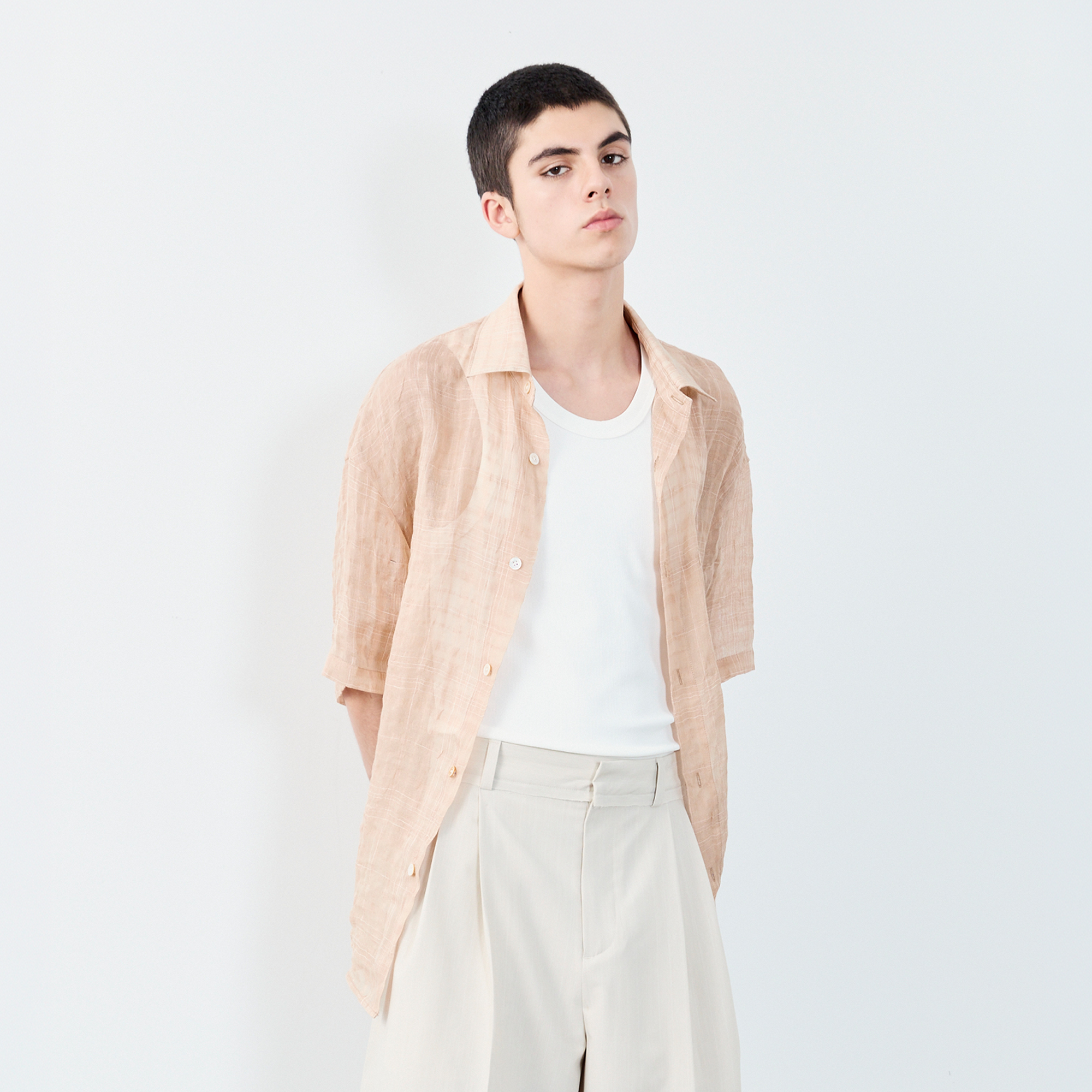 GRAINMUSTARD Linen-Cotton Plaid Half Shirt-Half shirt-XS-Apricot-Free Shipping Leatheretro