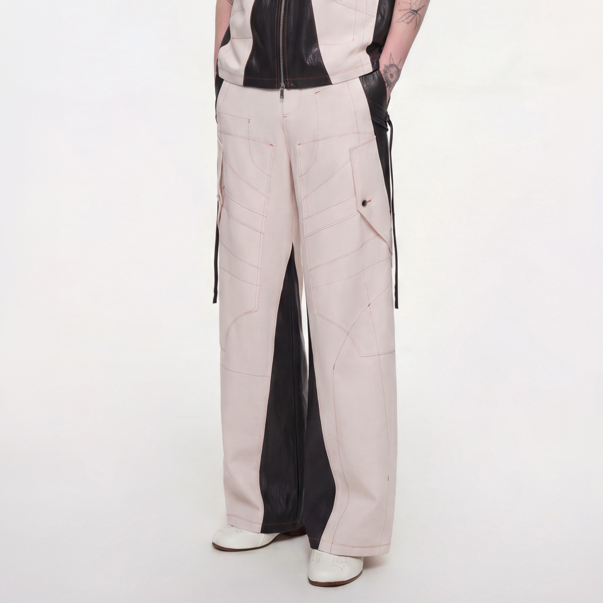 TIWILLTANG Contrast Stitch Paneled Wide-Leg Pants-Pants-S / 28-31”-Blue-Free Shipping Leatheretro