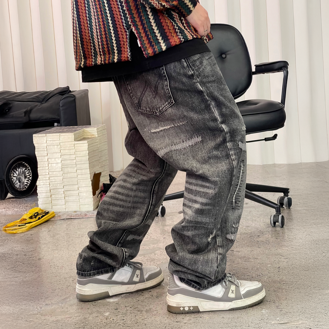 ME DA IGUAL Washed Destroyed Patch Straight-Leg Jeans-Jeans-M-Free Shipping Leatheretro