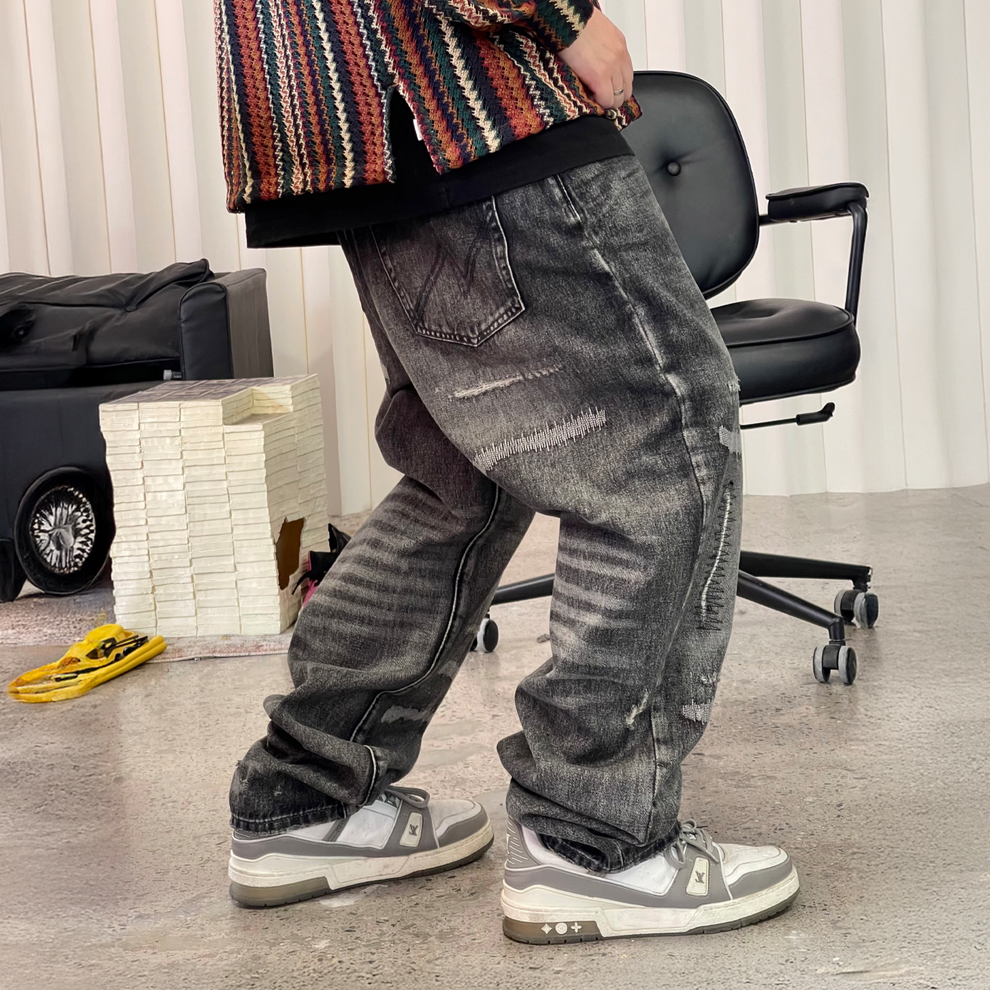 ME DA IGUAL Washed Destroyed Patch Straight-Leg Jeans-Jeans-M-Free Shipping Leatheretro