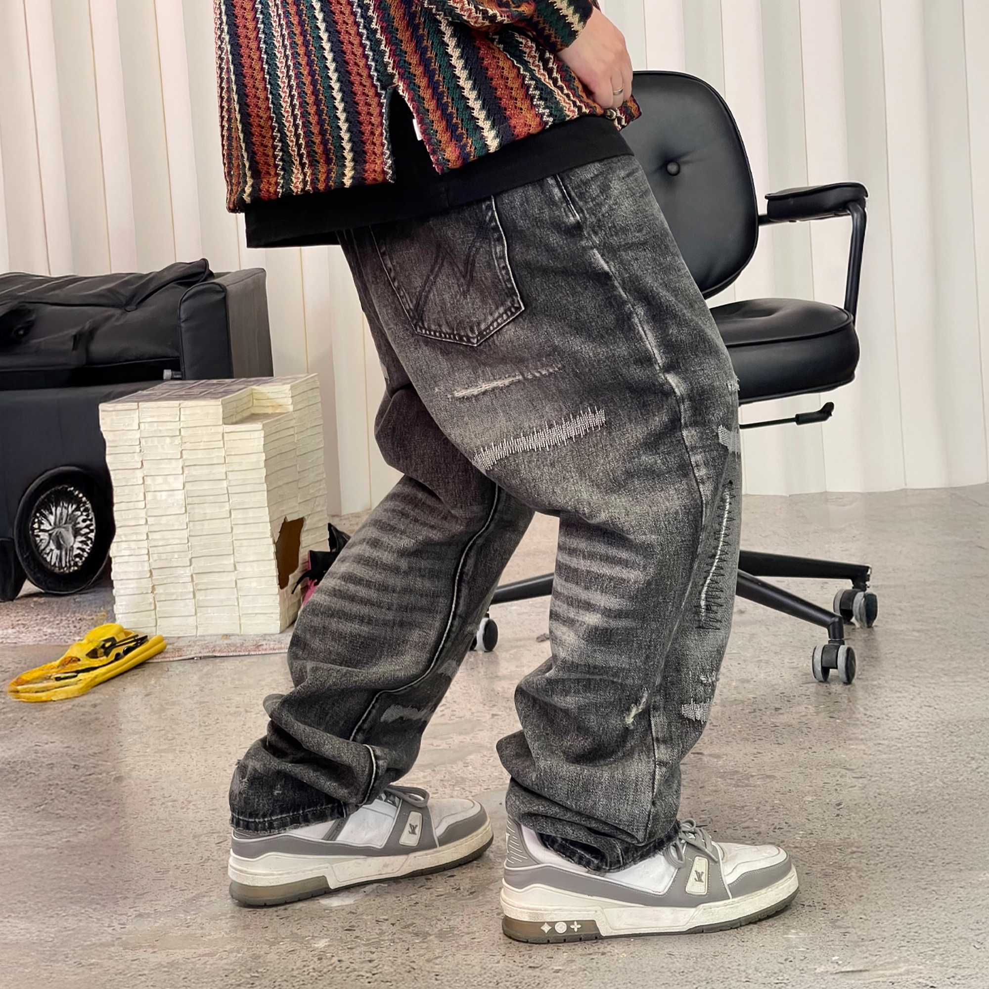 ME DA IGUAL Washed Destroyed Patch Straight-Leg Jeans-Jeans-M-Free Shipping Leatheretro