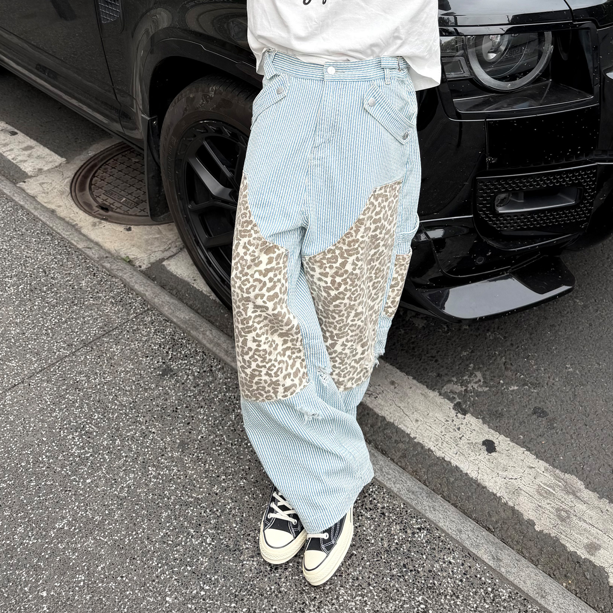 STEEPC Leopard Paneled Stripe Washed Jeans-Jeans-S / 28"-Free Shipping Leatheretro