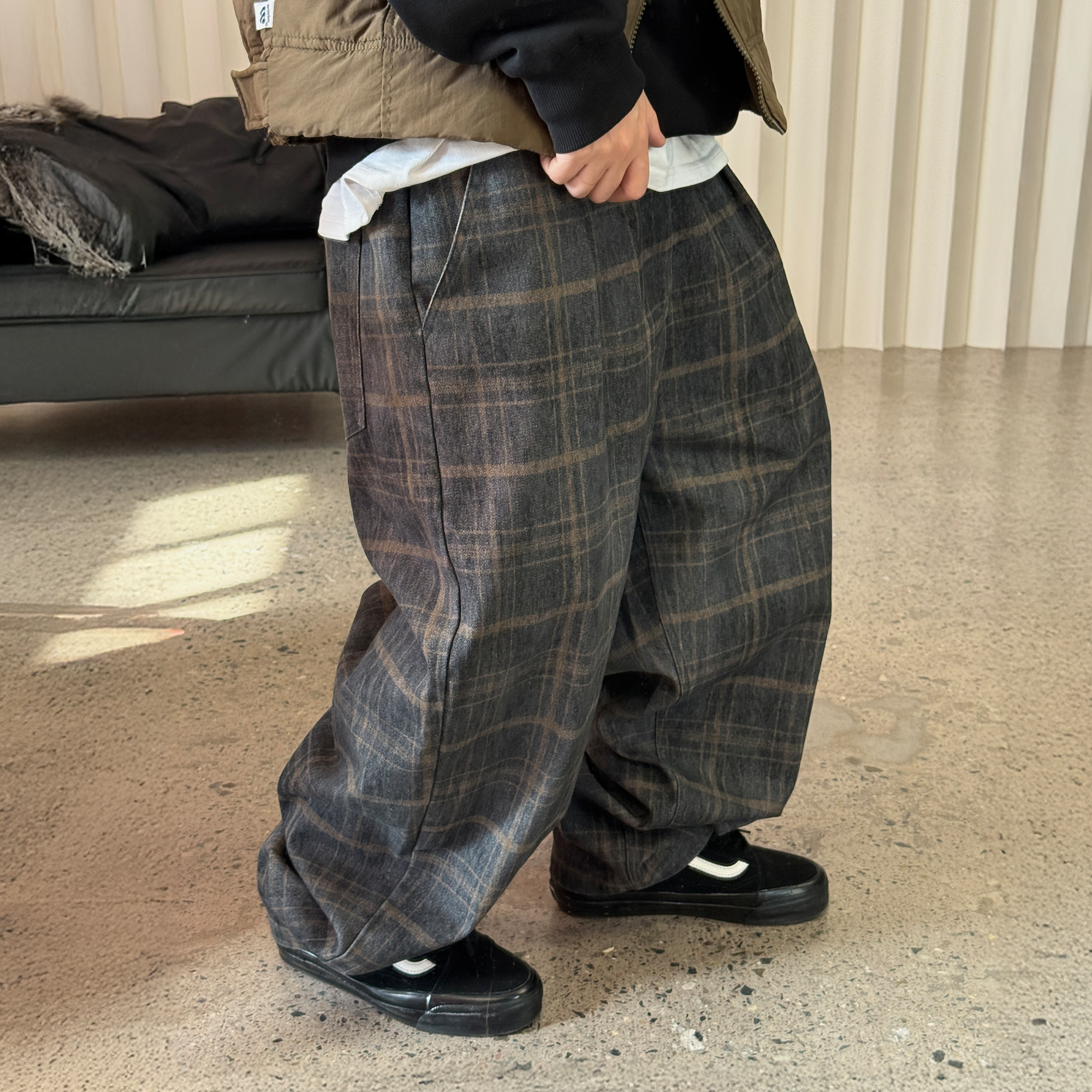 ME DA IGUAL Washed Plaid Tappered Pants Coffee-Pants-M-Free Shipping Leatheretro