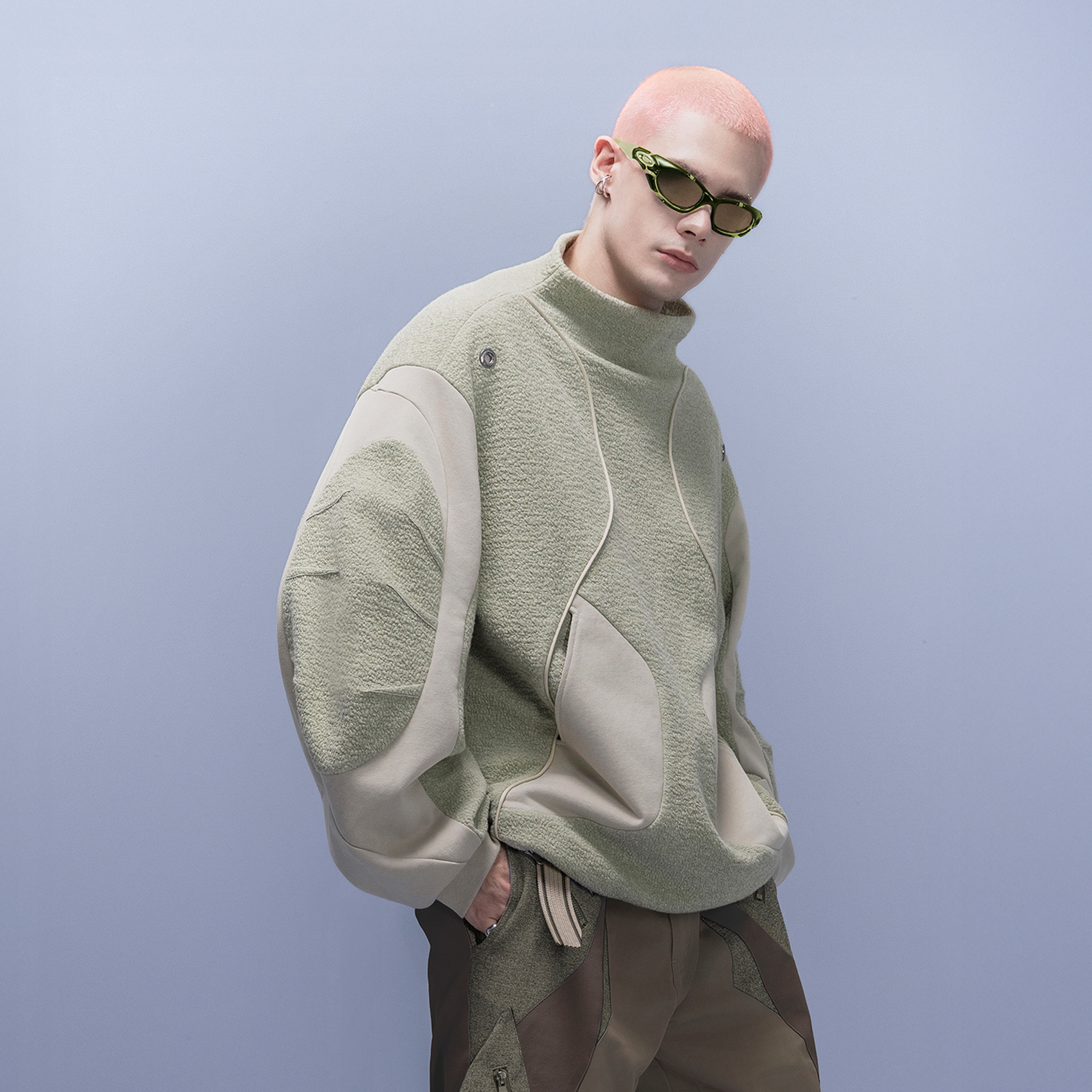 XIPHEVIL Fleece-Panel Saber-Sleeve Sweatshirt Green-Sweatshirt-XS-Free Shipping Leatheretro