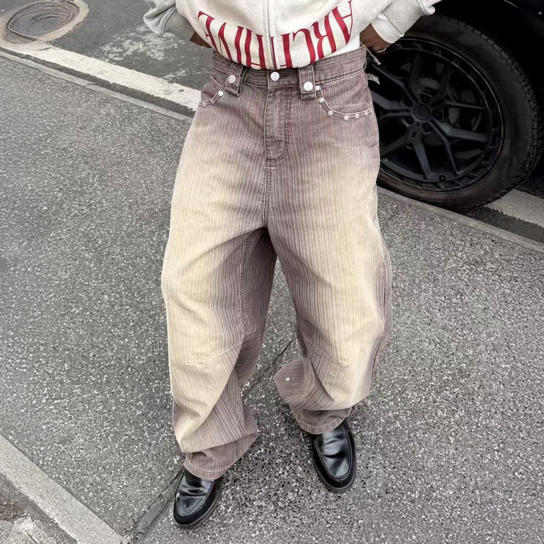 STEEPC Washed Striped Corduroy Studded Wide-Leg Pants-Pants-S-Free Shipping Leatheretro